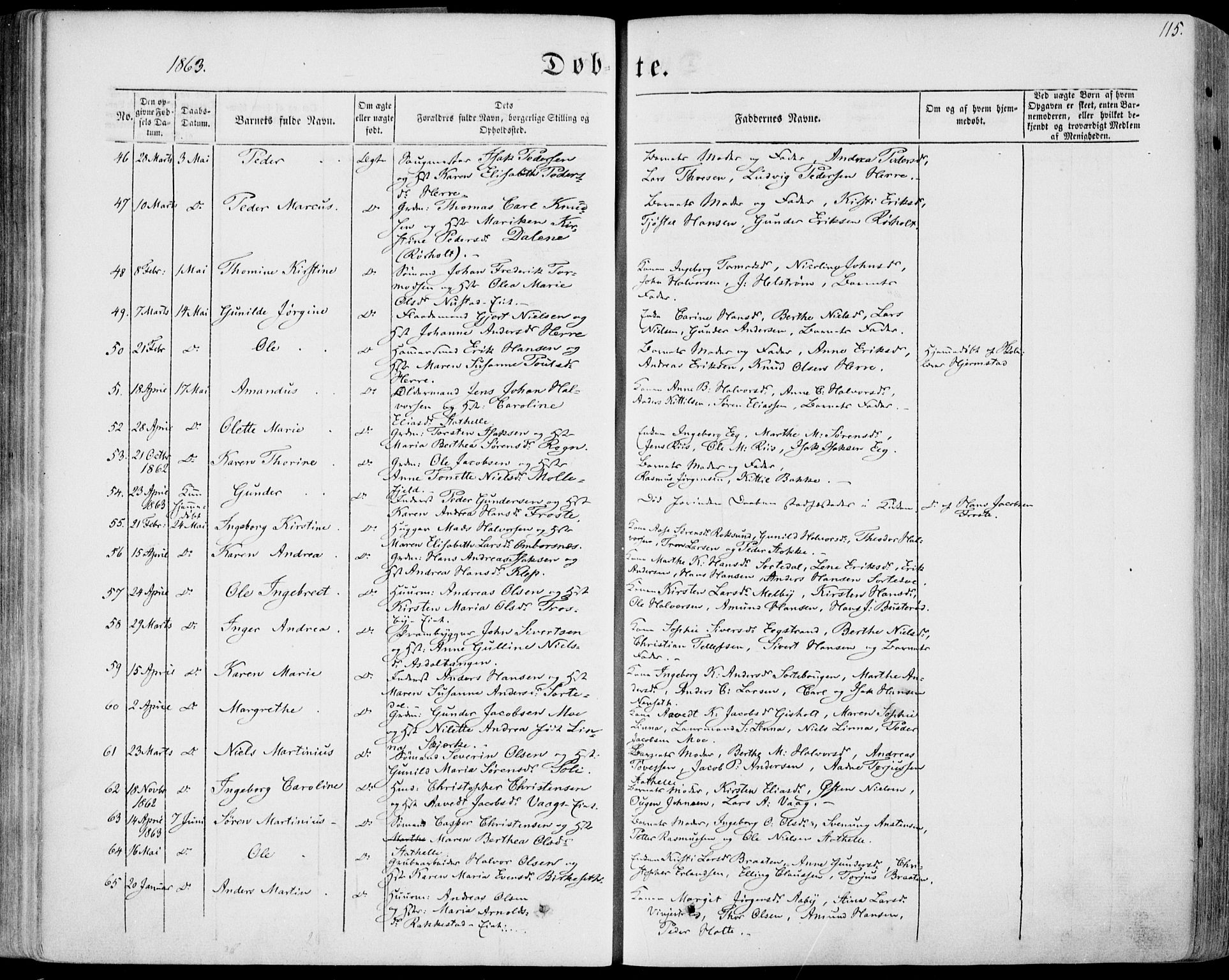 Bamble kirkebøker, AV/SAKO-A-253/F/Fa/L0005: Parish register (official) no. I 5, 1854-1869, p. 115