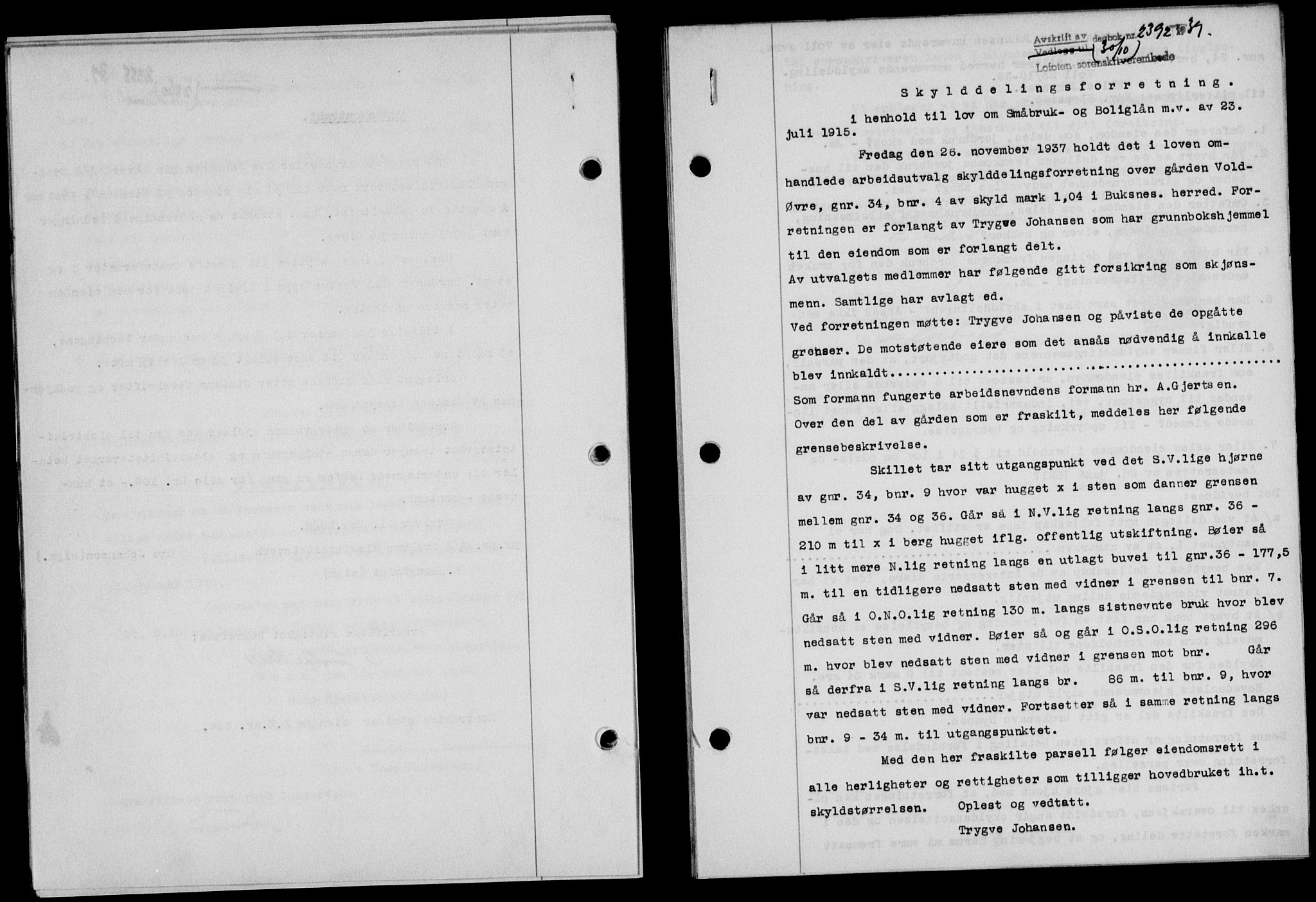 Lofoten sorenskriveri, SAT/A-0017/1/2/2C/L0006a: Mortgage book no. 6a, 1939-1939, Diary no: : 2392/1939