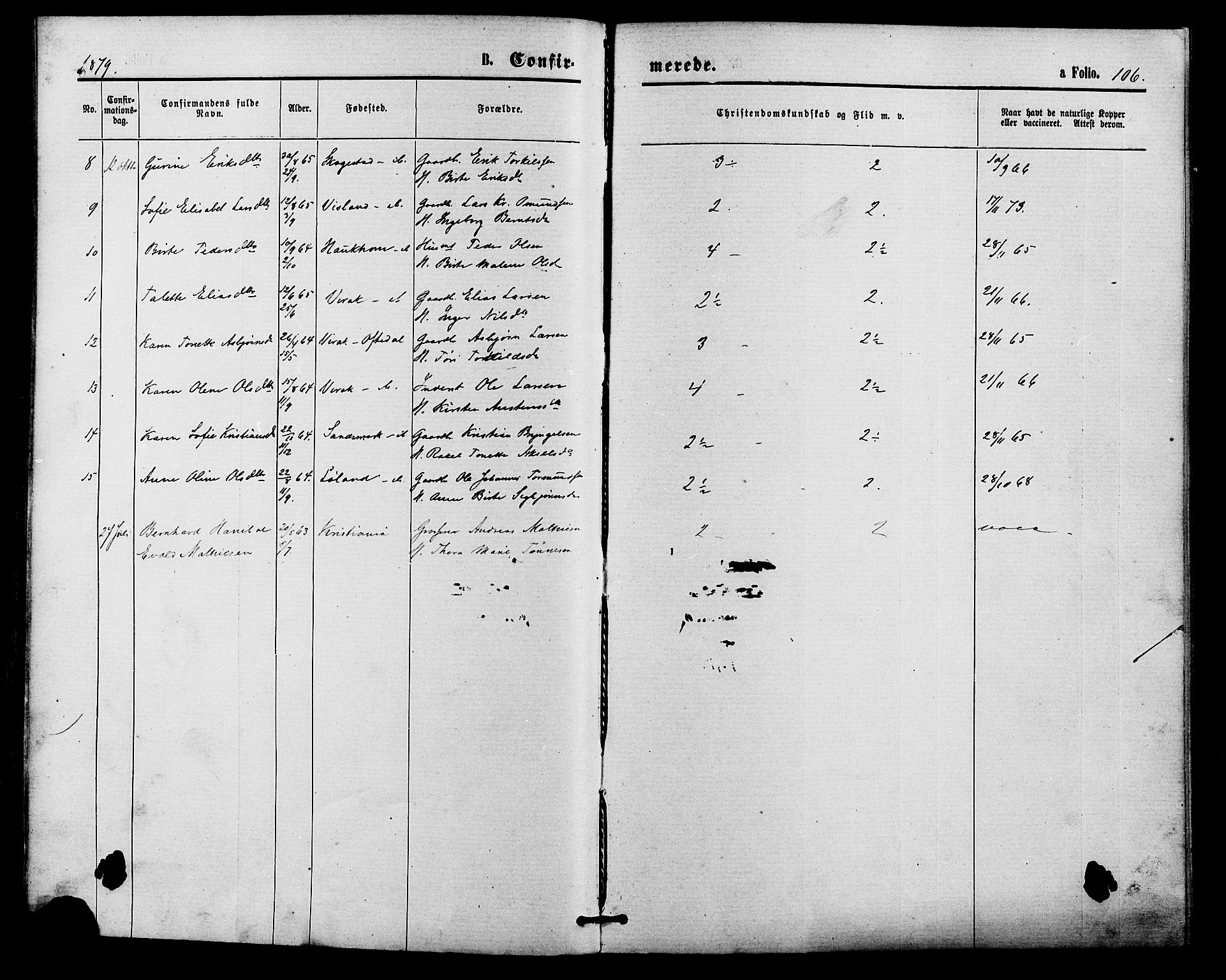 Bakke sokneprestkontor, SAK/1111-0002/F/Fa/Faa/L0007: Parish register (official) no. A 7, 1877-1886, p. 106