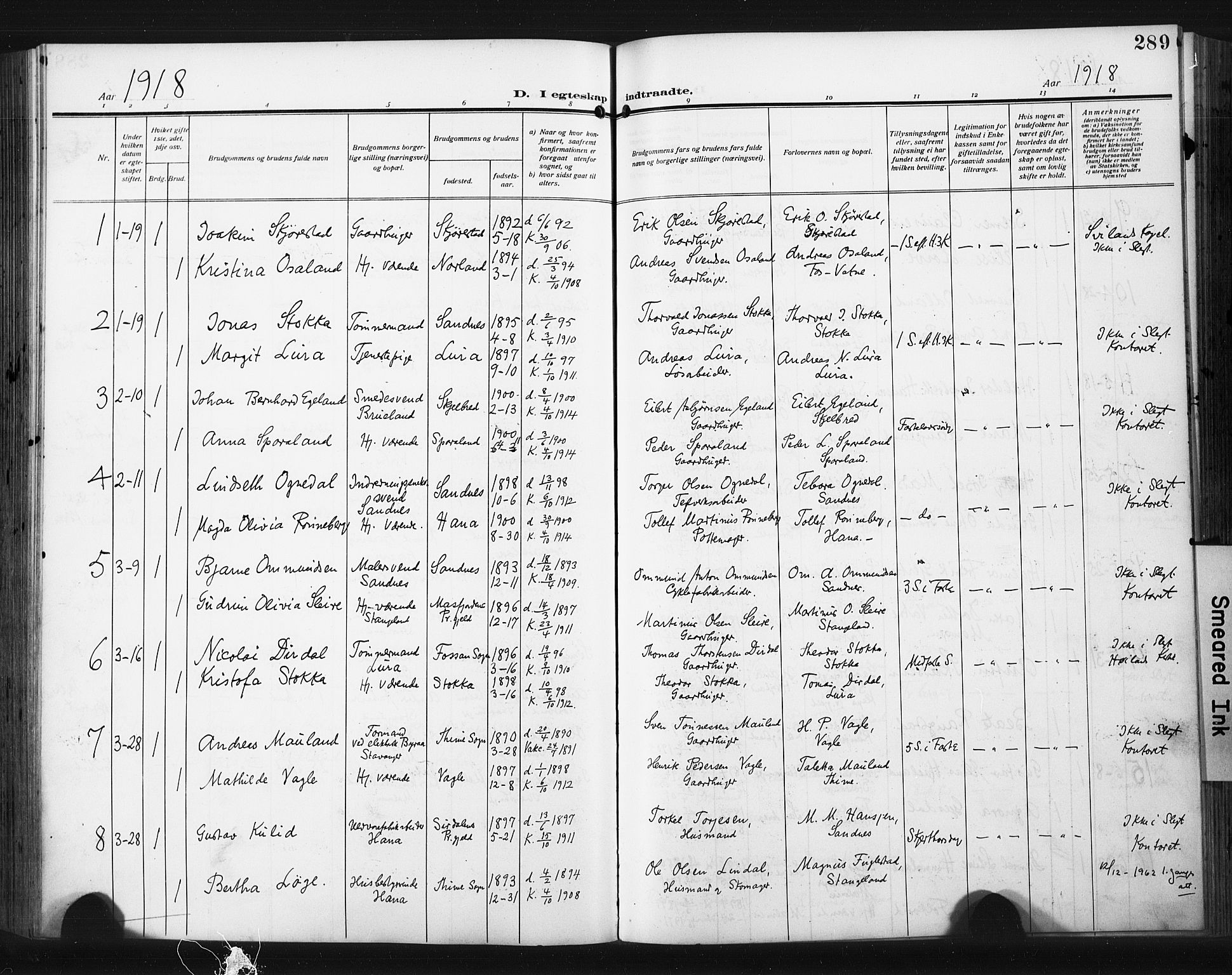 Høyland sokneprestkontor, AV/SAST-A-101799/001/30BA/L0017: Parish register (official) no. A 15, 1912-1924, p. 289