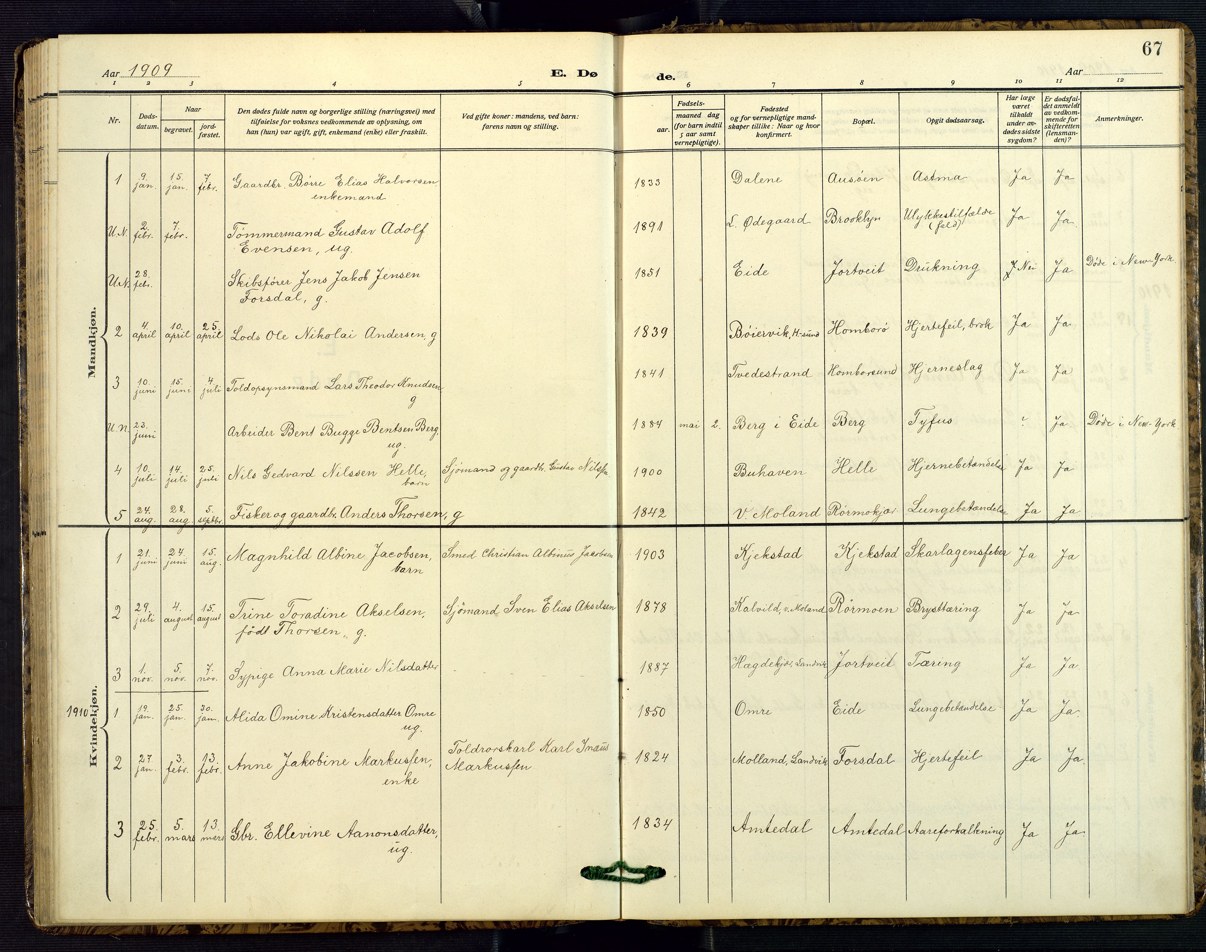 Hommedal sokneprestkontor, SAK/1111-0023/F/Fb/Fba/L0005: Parish register (copy) no. B 5, 1909-1957, p. 67