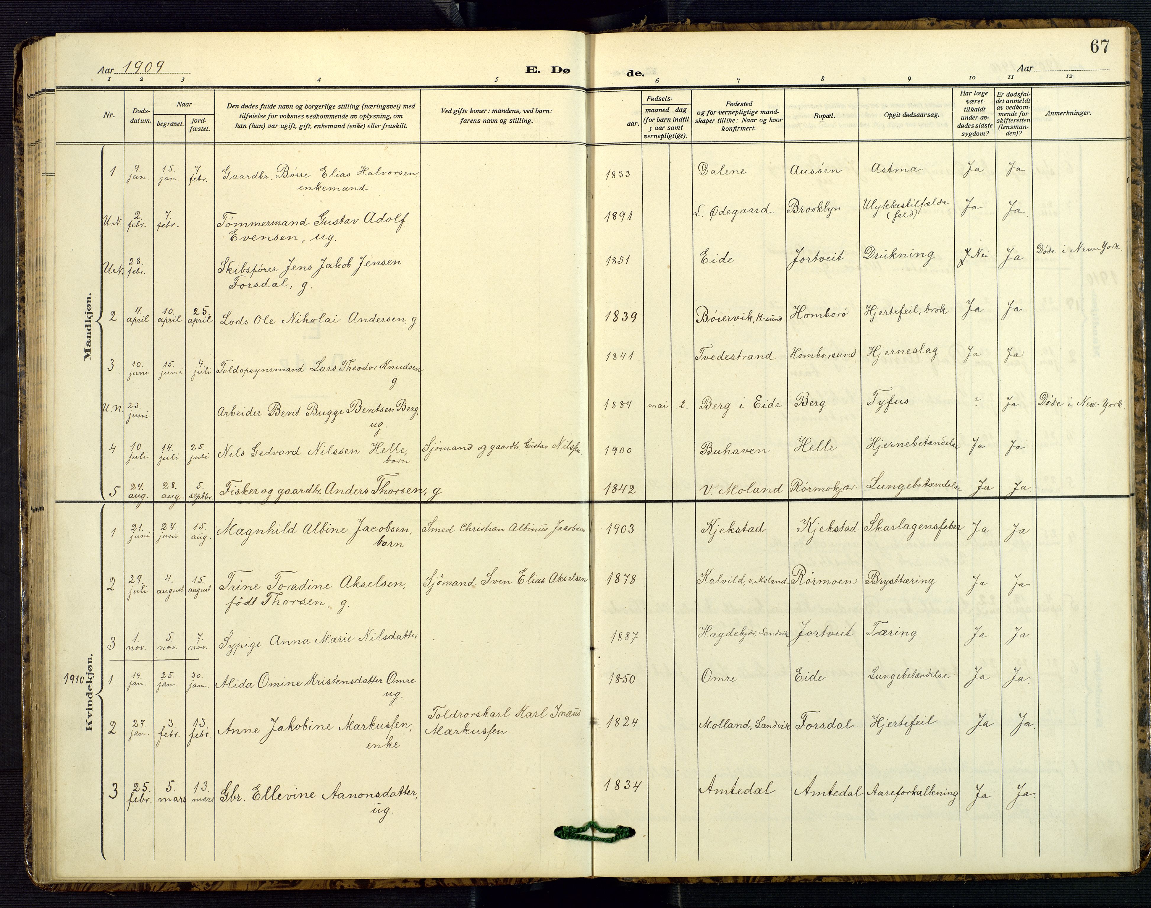Hommedal sokneprestkontor, AV/SAK-1111-0023/F/Fb/Fba/L0005: Parish register (copy) no. B 5, 1909-1957, p. 67