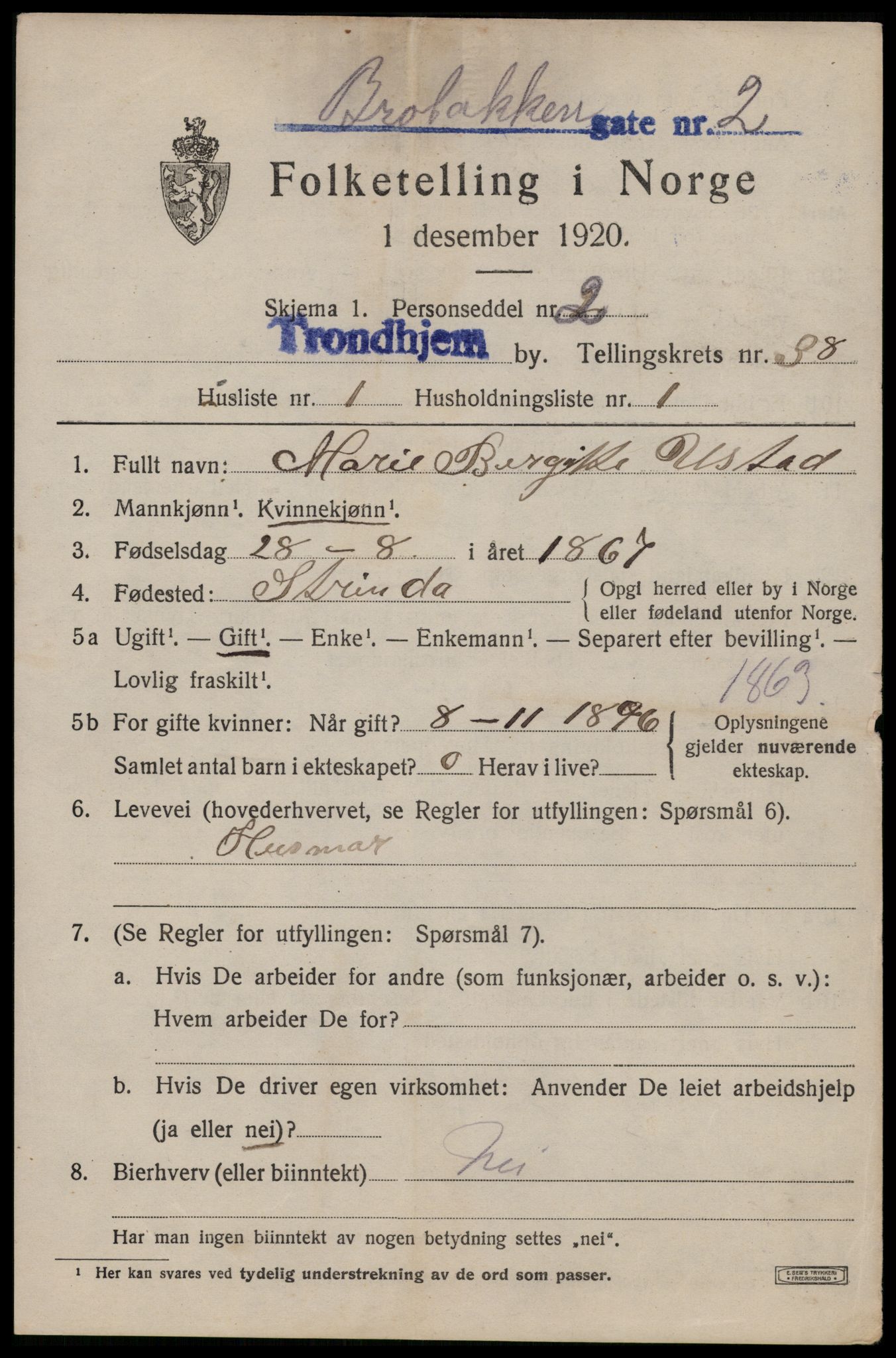 SAT, 1920 census for Trondheim, 1920, p. 86260