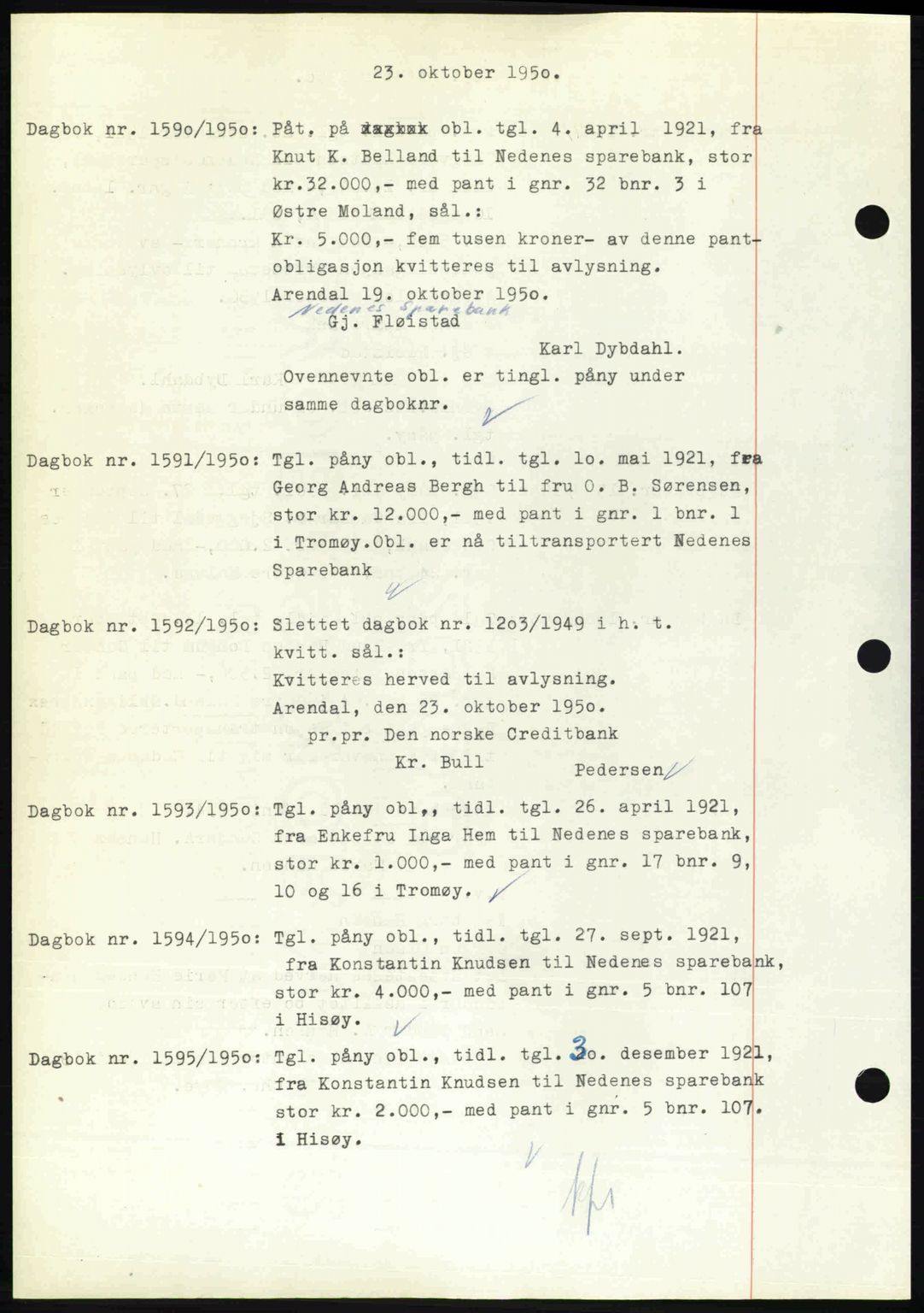 Nedenes sorenskriveri, SAK/1221-0006/G/Gb/Gba/L0063: Mortgage book no. A15, 1950-1950, Diary no: : 1590/1950