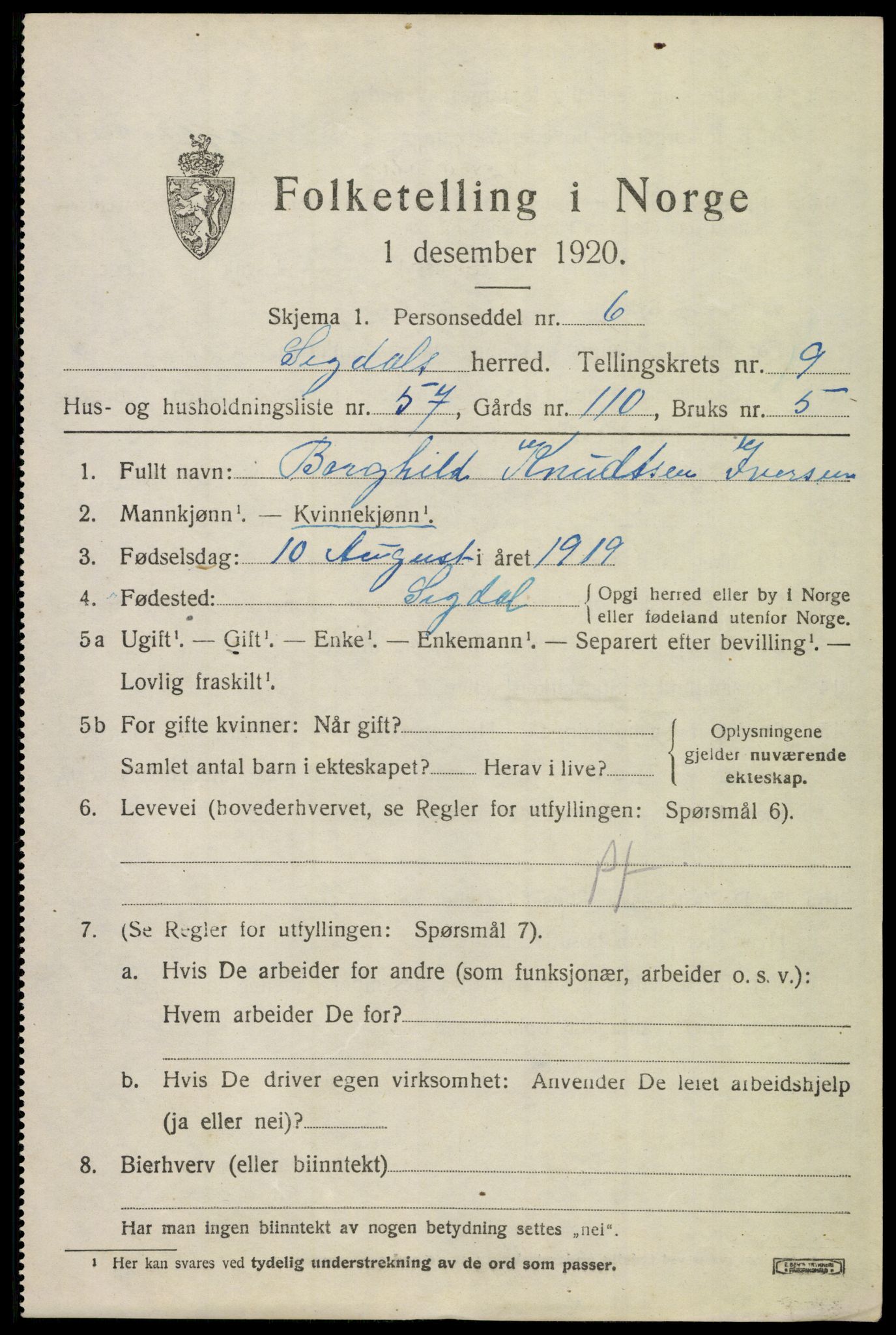 SAKO, 1920 census for Sigdal, 1920, p. 7048