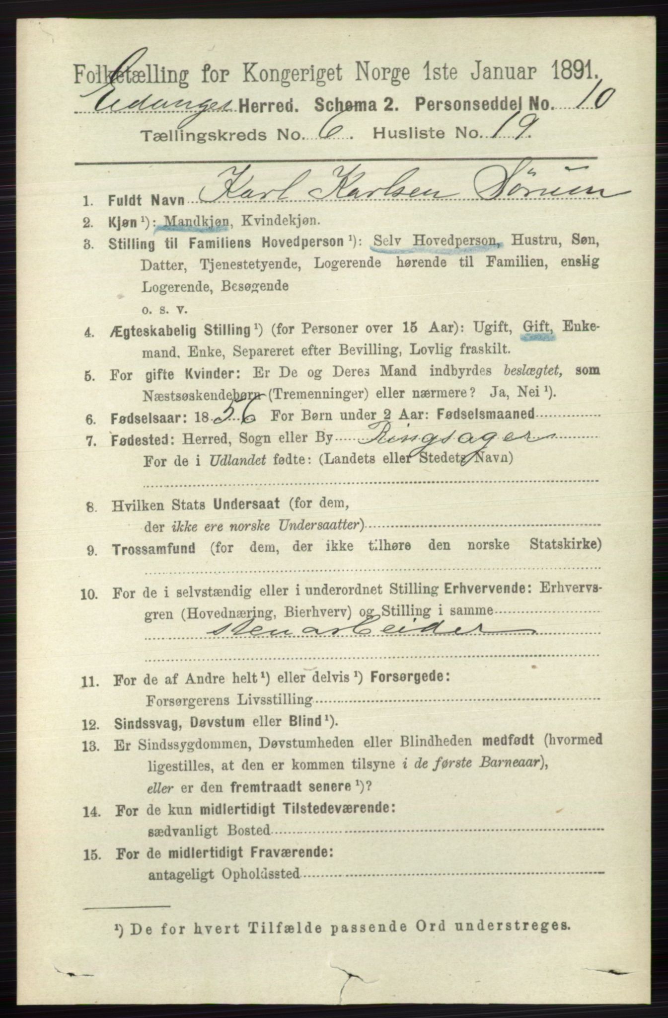 RA, 1891 census for 0813 Eidanger, 1891, p. 2710