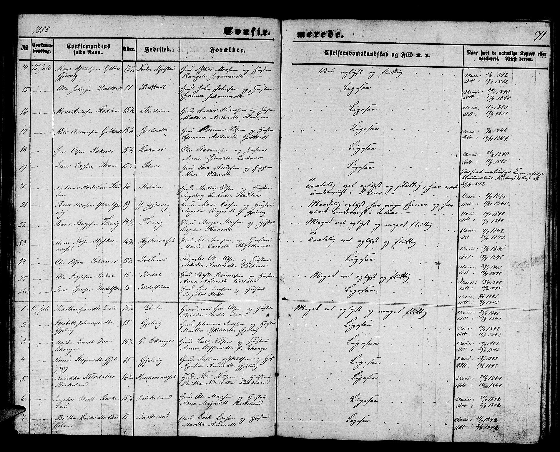 Hamre sokneprestembete, SAB/A-75501/H/Ha/Hab: Parish register (copy) no. B 1, 1852-1863, p. 71