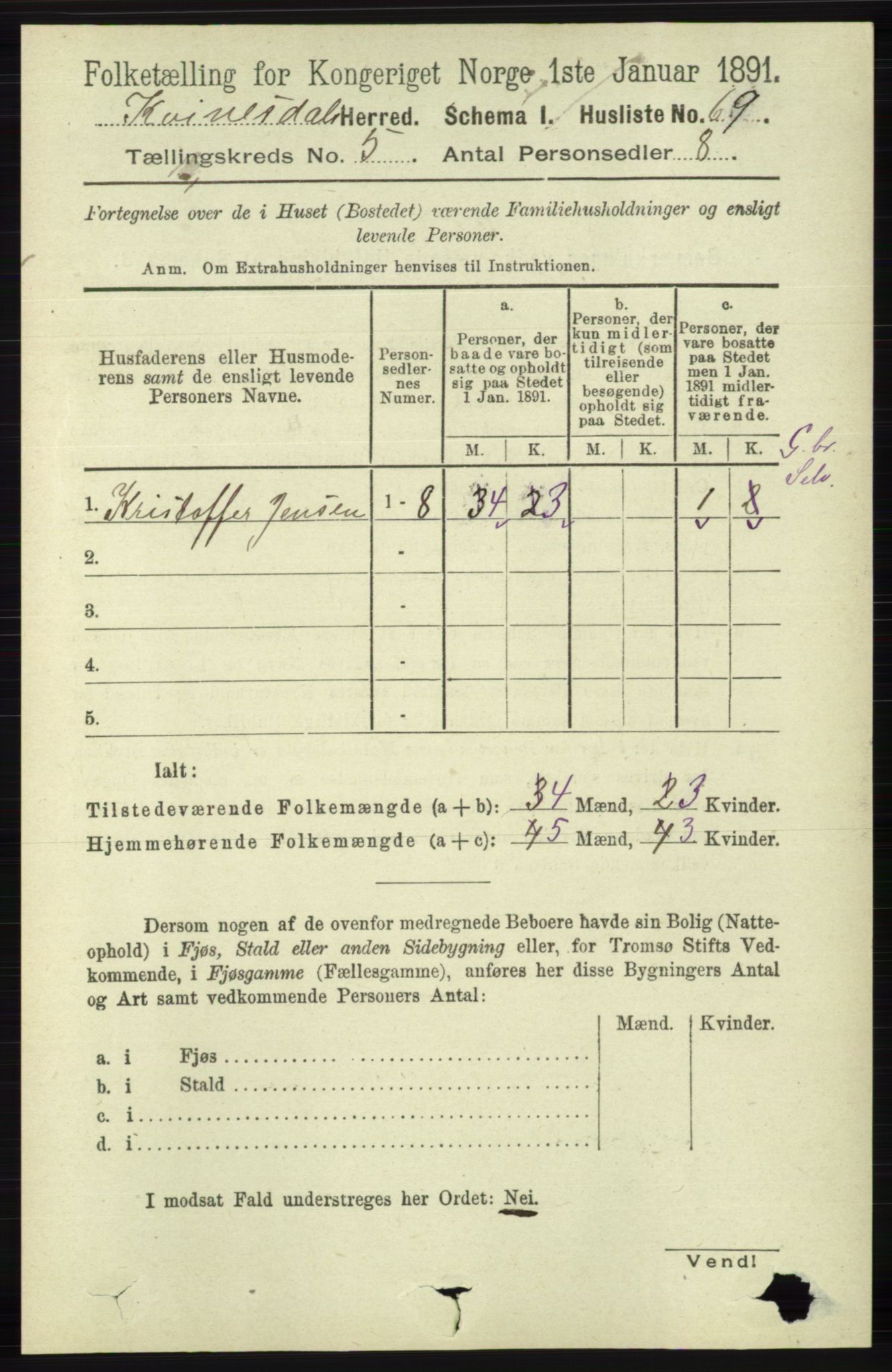 RA, 1891 census for 1037 Kvinesdal, 1891, p. 1694