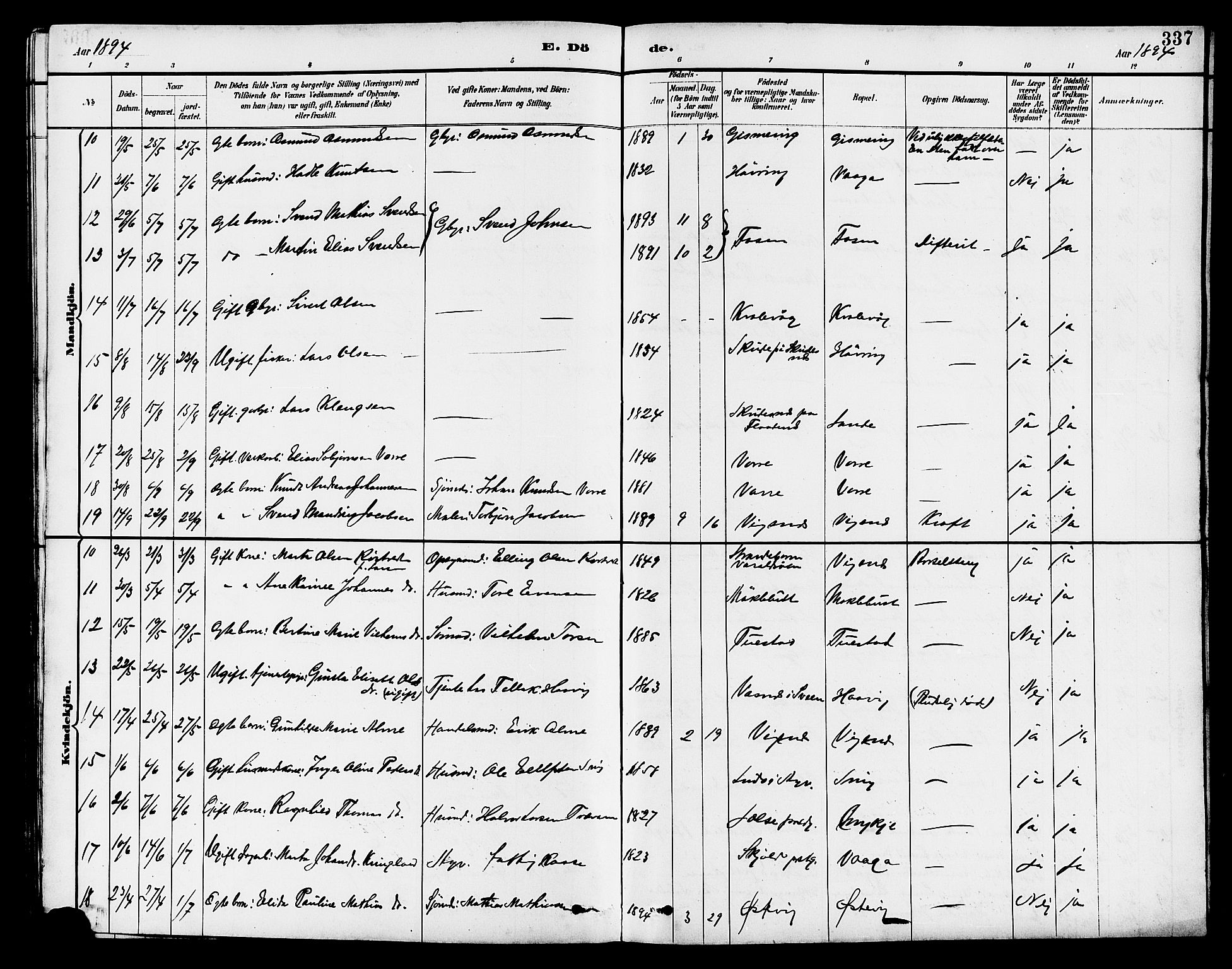 Avaldsnes sokneprestkontor, AV/SAST-A -101851/H/Ha/Hab/L0007: Parish register (copy) no. B 7, 1885-1909, p. 337