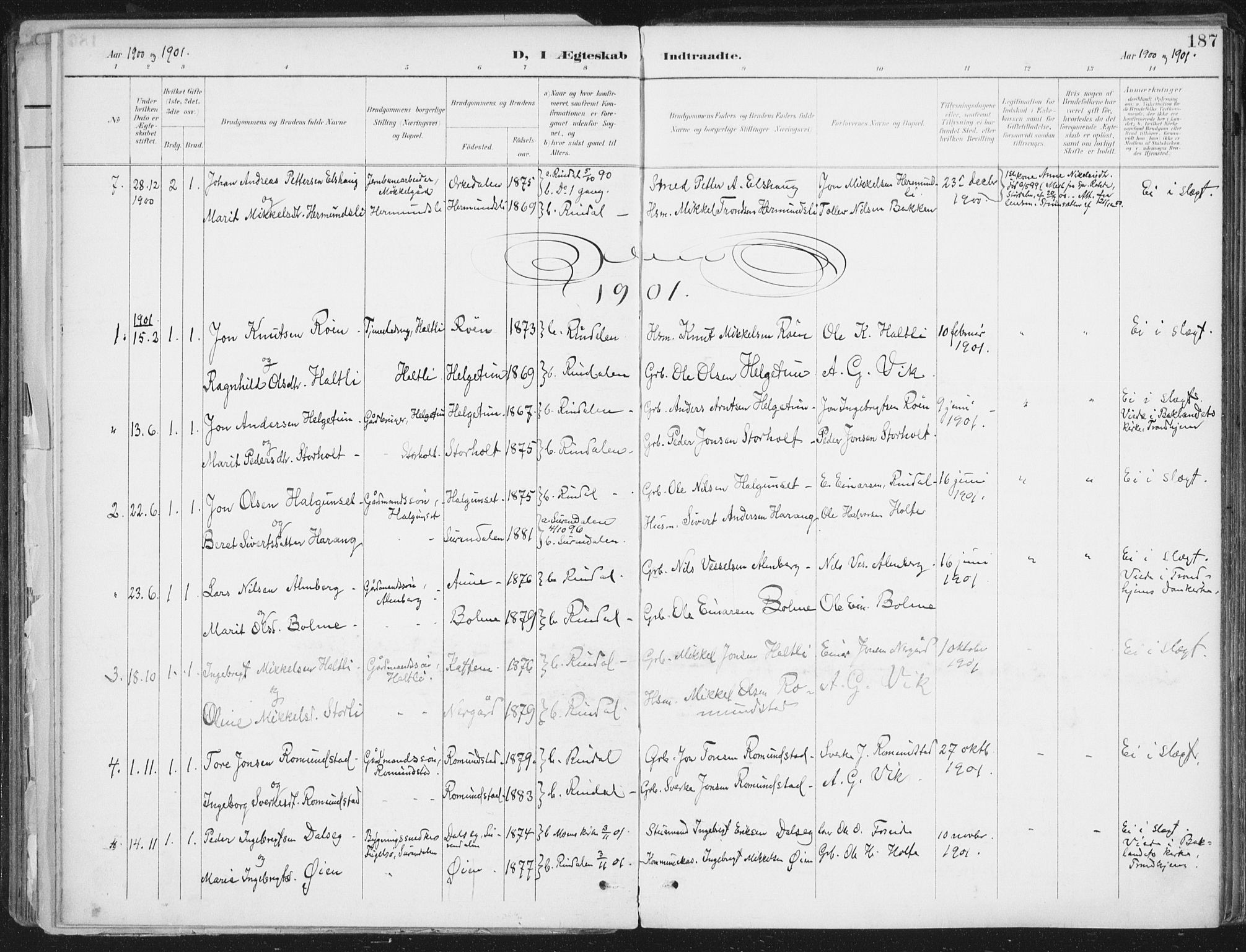 Ministerialprotokoller, klokkerbøker og fødselsregistre - Møre og Romsdal, SAT/A-1454/598/L1072: Parish register (official) no. 598A06, 1896-1910, p. 187