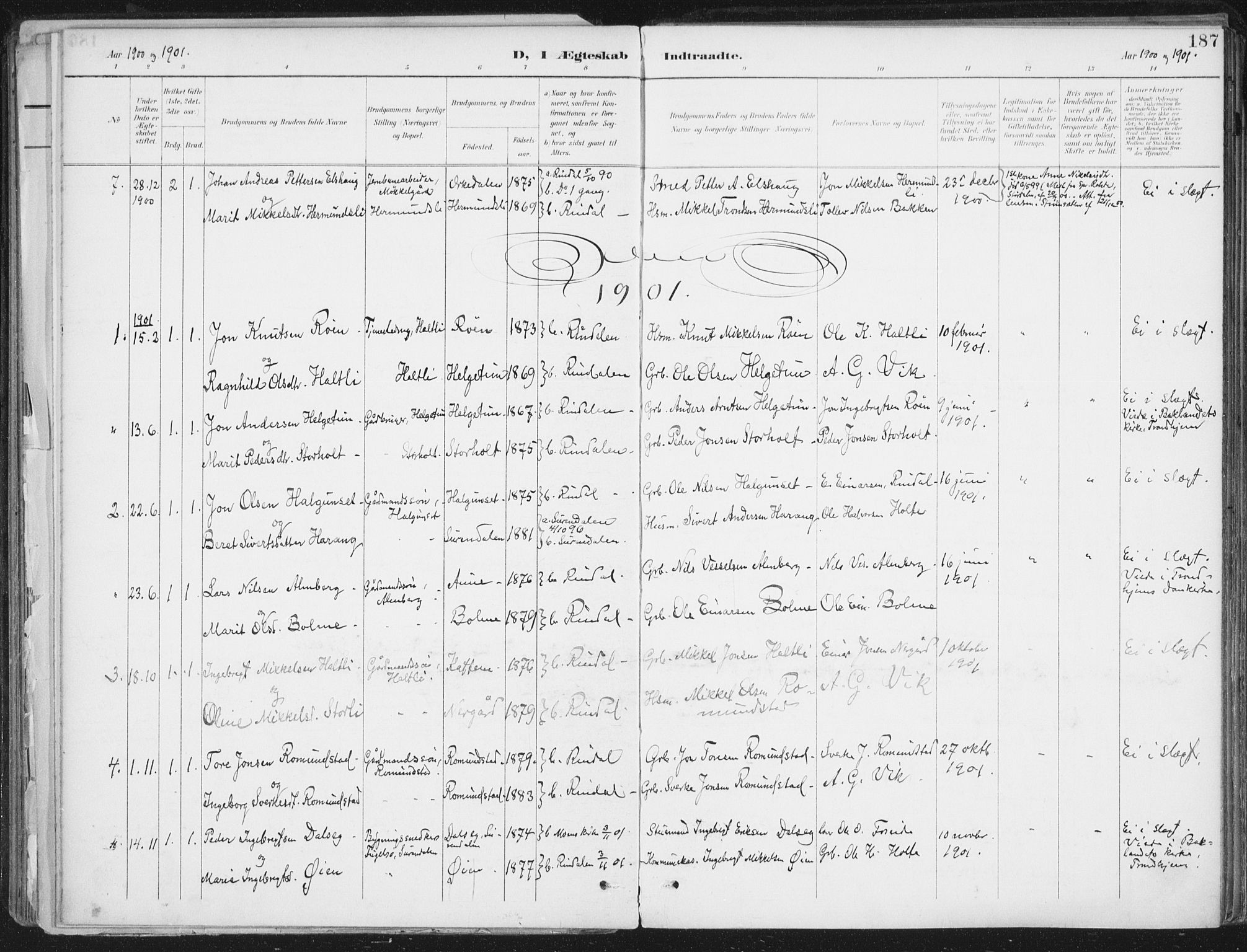 Ministerialprotokoller, klokkerbøker og fødselsregistre - Møre og Romsdal, AV/SAT-A-1454/598/L1072: Parish register (official) no. 598A06, 1896-1910, p. 187