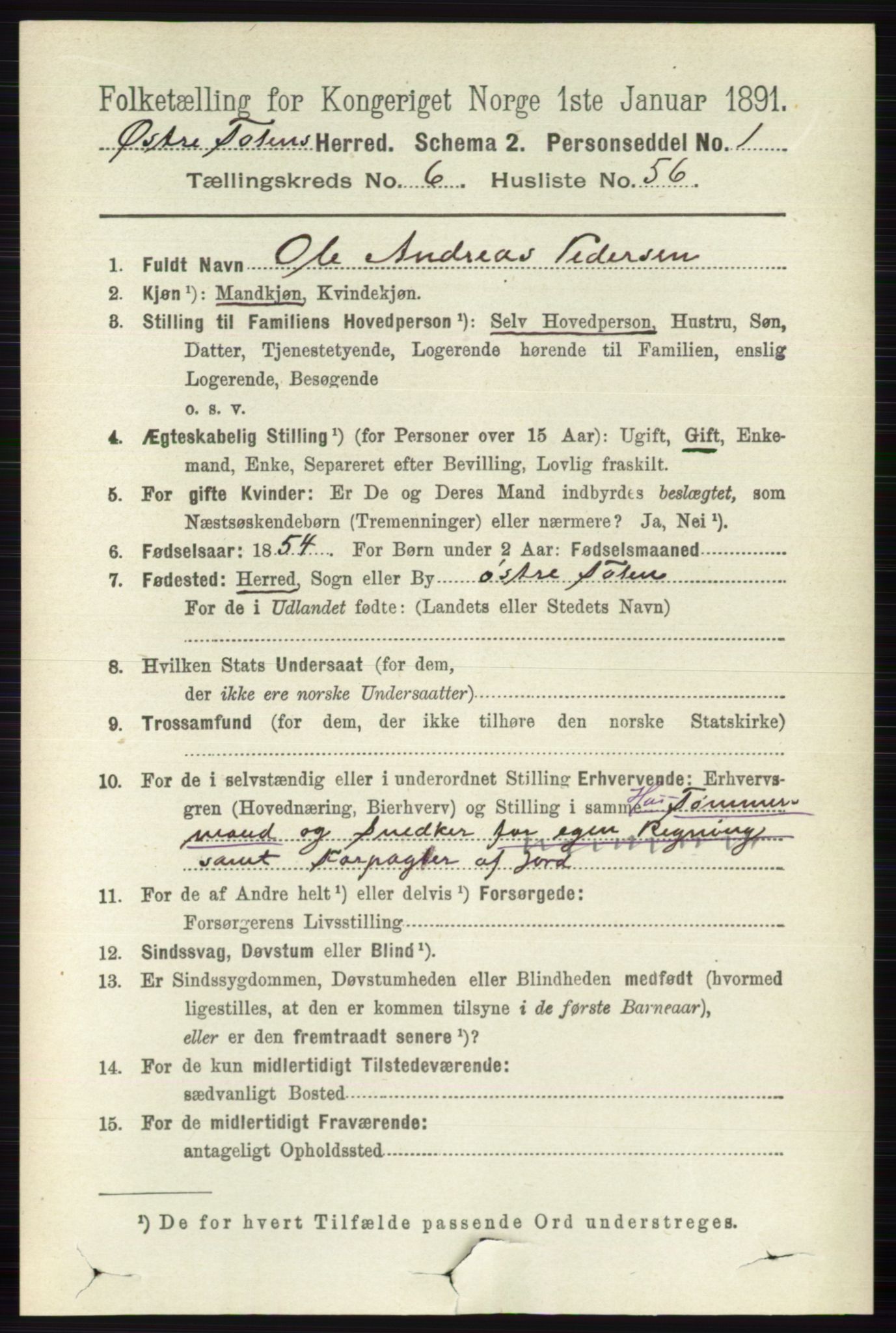 RA, 1891 census for 0528 Østre Toten, 1891, p. 4120