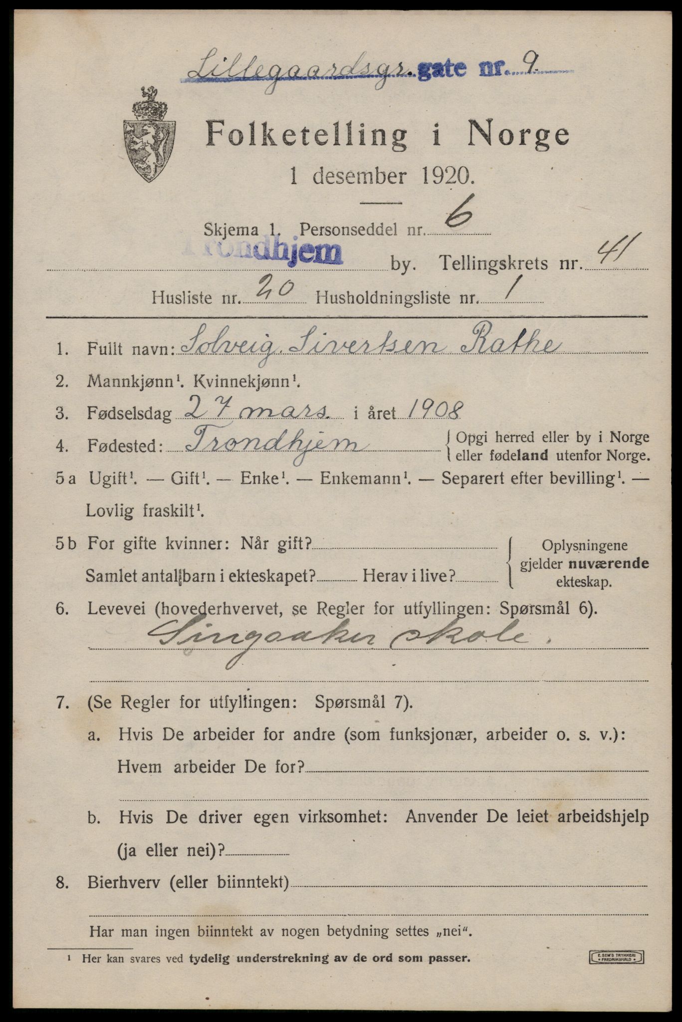 SAT, 1920 census for Trondheim, 1920, p. 91272