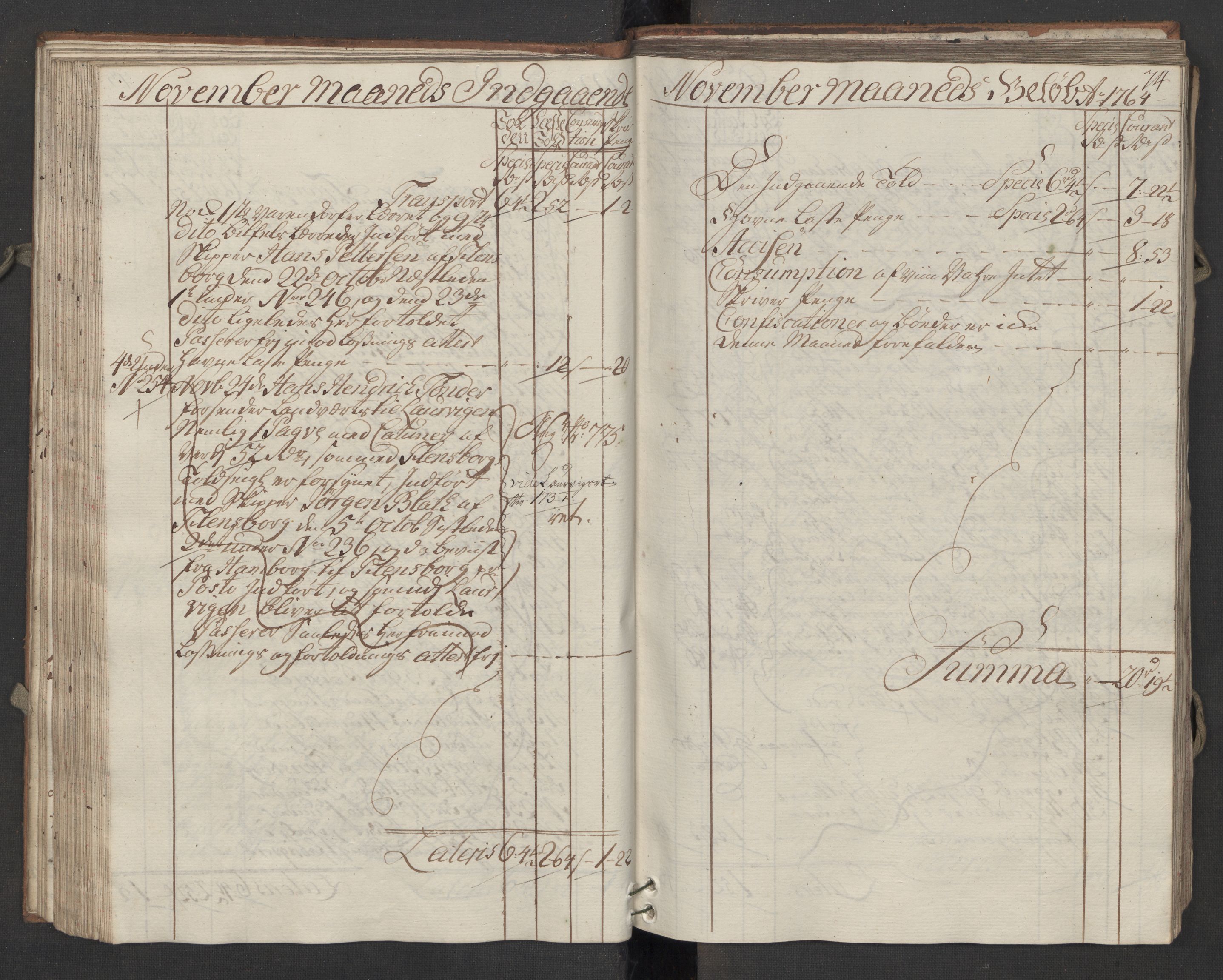 Generaltollkammeret, tollregnskaper, RA/EA-5490/R13/L0036/0001: Tollregnskaper Kragerø / Inngående hovedtollbok, 1764, p. 73b-74a