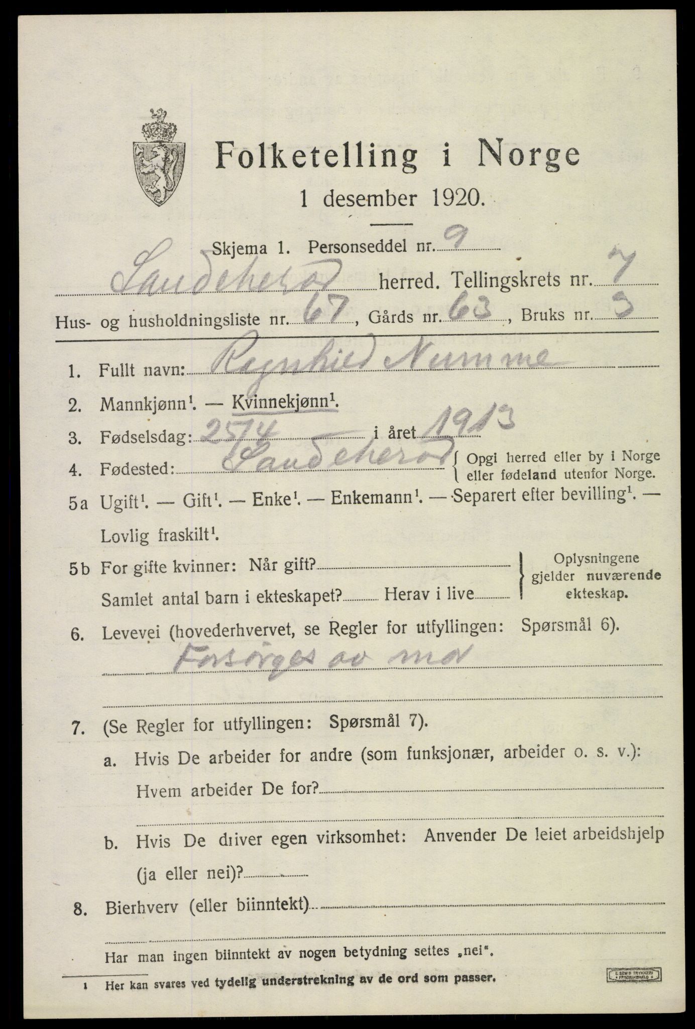 SAKO, 1920 census for Sandeherred, 1920, p. 12692