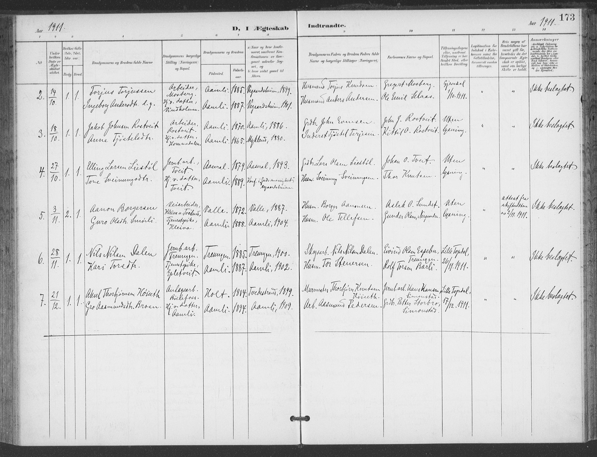 Åmli sokneprestkontor, AV/SAK-1111-0050/F/Fa/Fac/L0012: Parish register (official) no. A 12, 1900-1914, p. 173