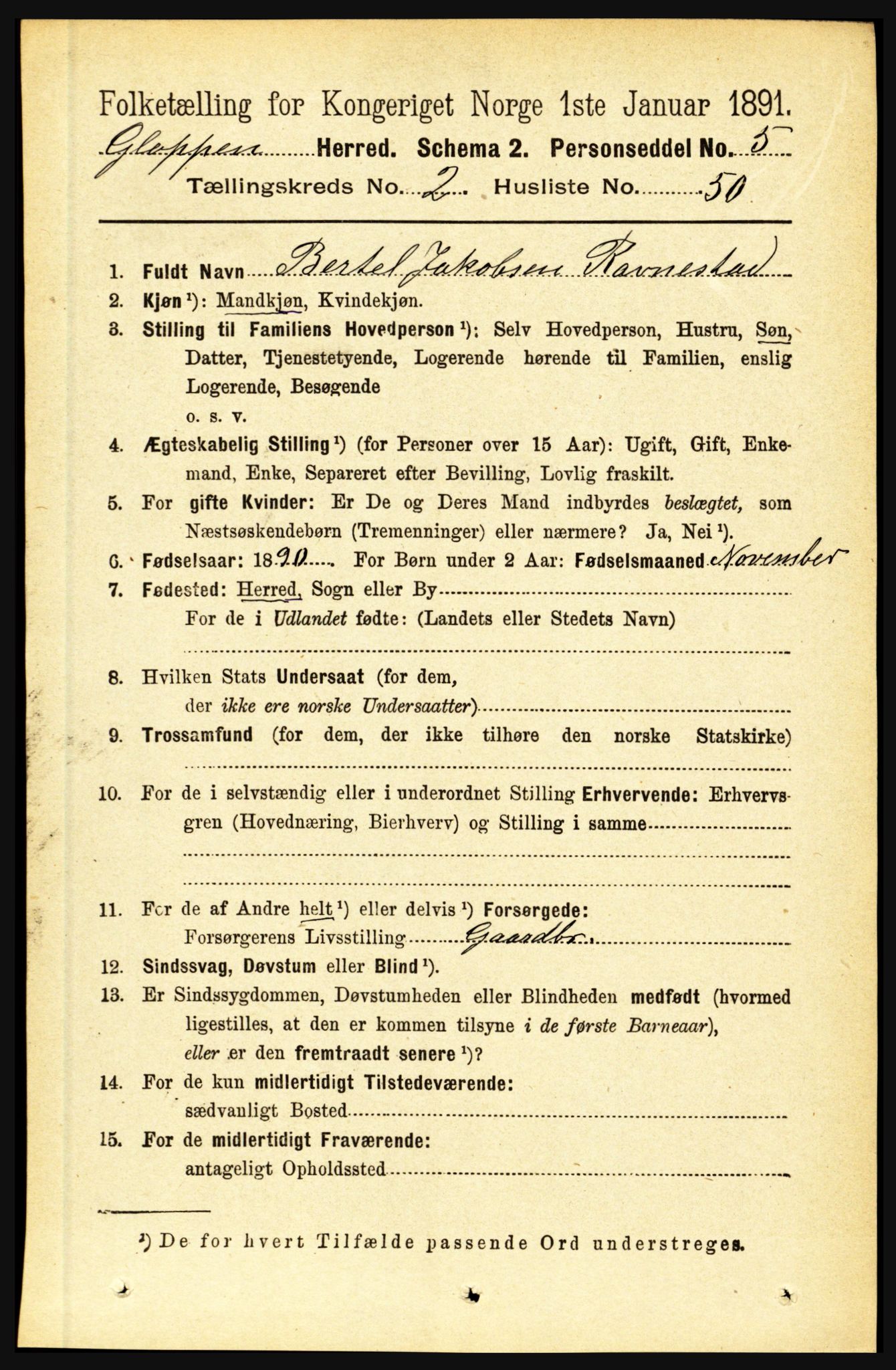 RA, 1891 census for 1445 Gloppen, 1891, p. 961