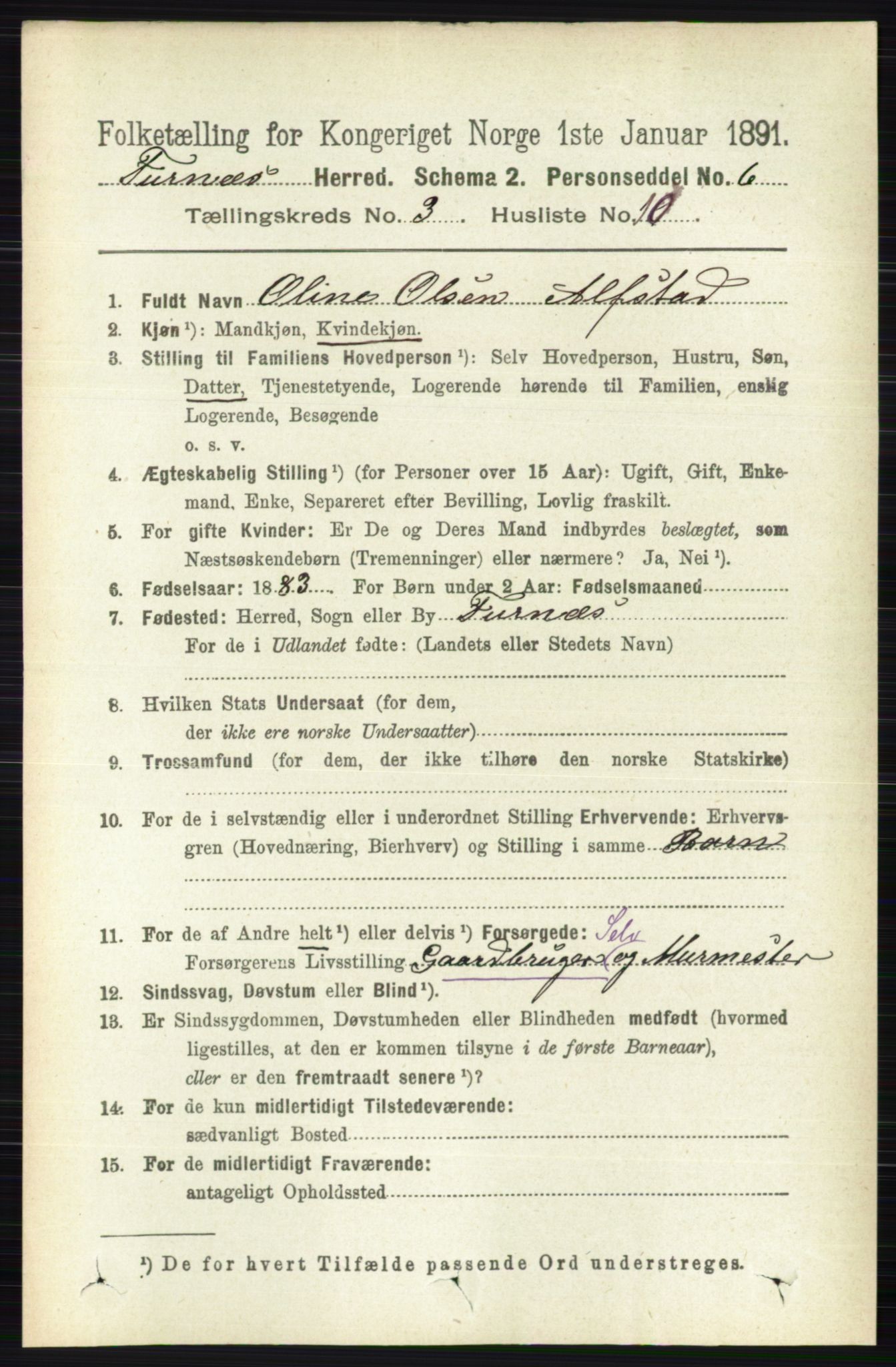 RA, Census 1891 for 0413 Furnes herred, 1891, p. 1687