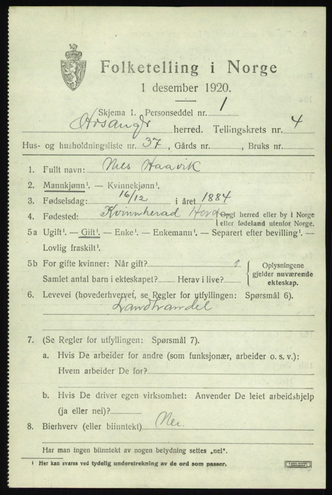 SAB, 1920 census for Hosanger, 1920, p. 2335