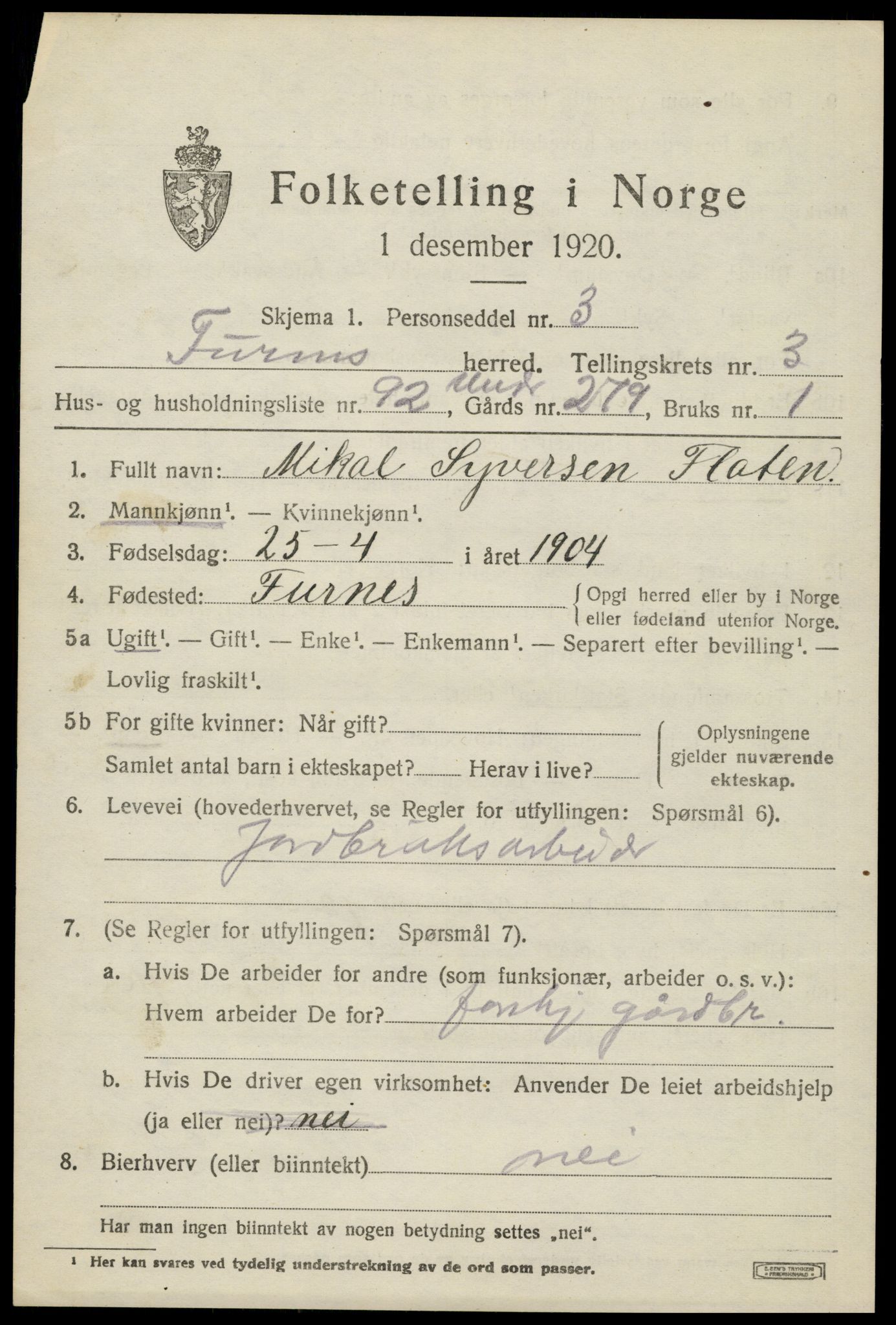 SAH, 1920 census for Furnes, 1920, p. 5707