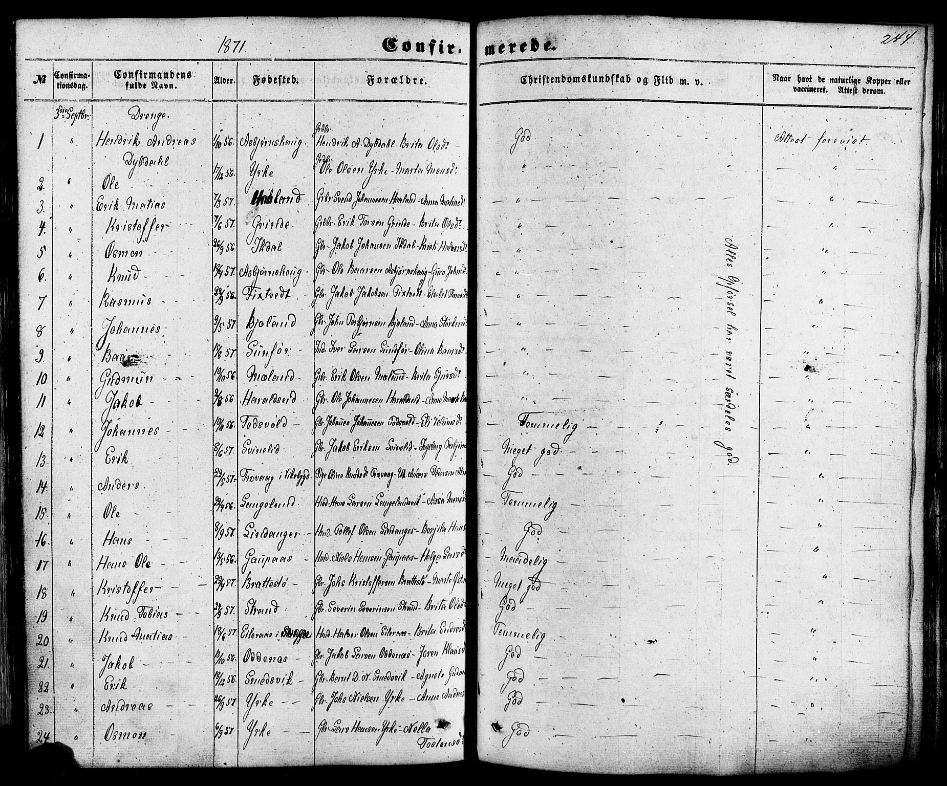 Skjold sokneprestkontor, AV/SAST-A-101847/H/Ha/Haa/L0008: Parish register (official) no. A 8, 1856-1882, p. 244