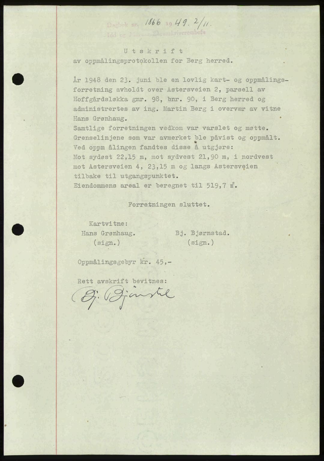 Idd og Marker sorenskriveri, AV/SAO-A-10283/G/Gb/Gbb/L0013: Mortgage book no. A13, 1949-1950, Diary no: : 1866/1949