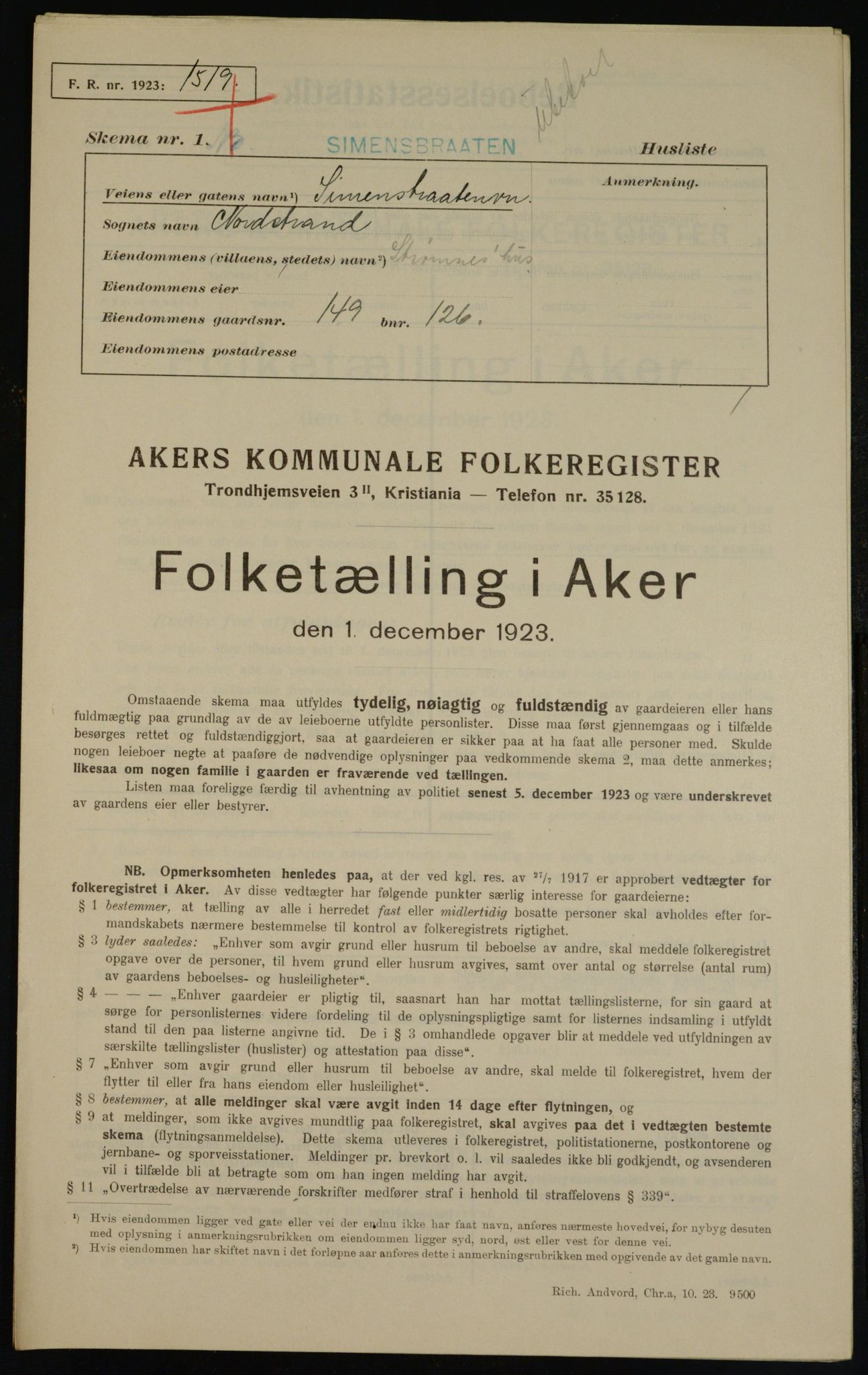 , Municipal Census 1923 for Aker, 1923, p. 45306