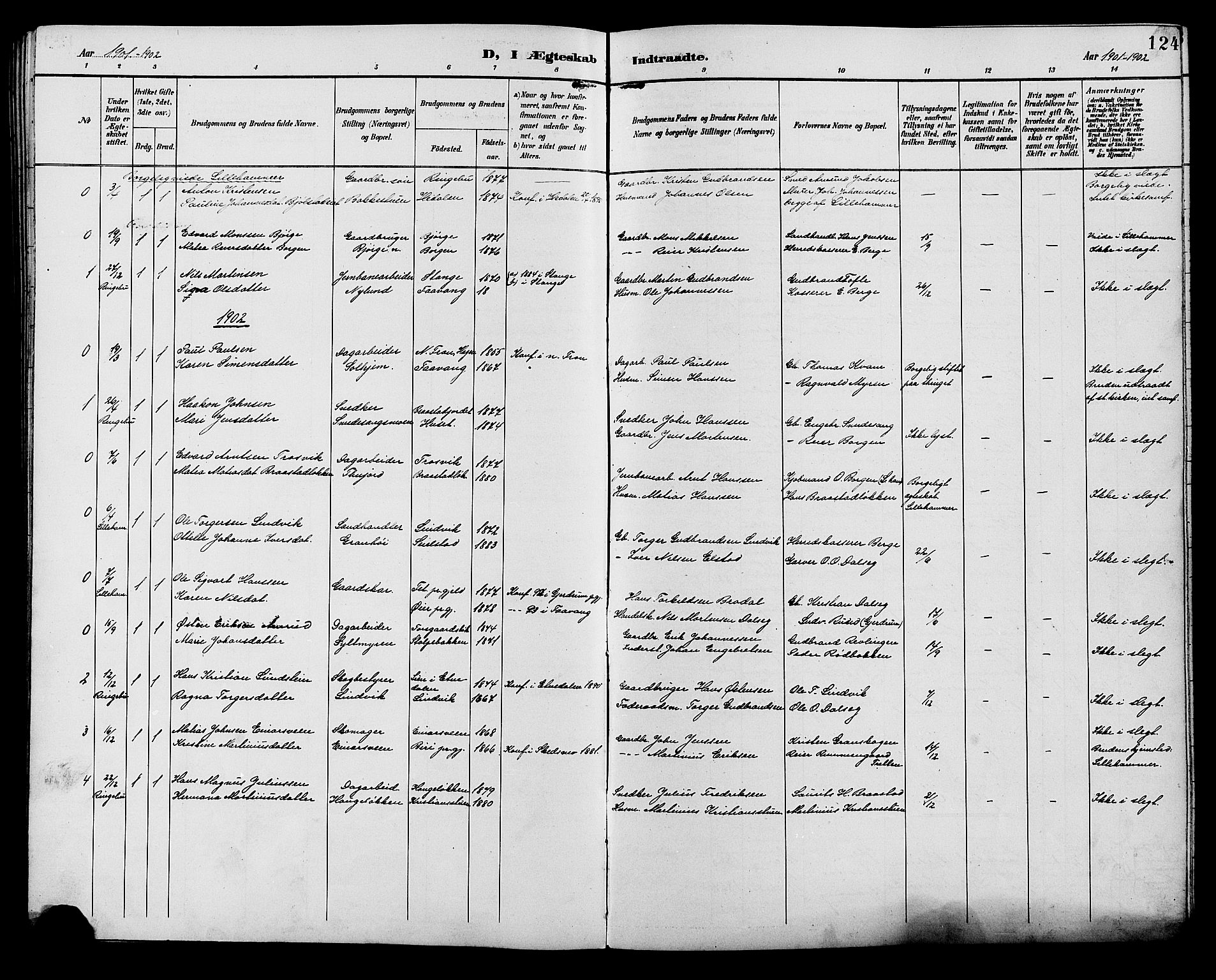 Ringebu prestekontor, SAH/PREST-082/H/Ha/Hab/L0007: Parish register (copy) no. 7, 1890-1910, p. 124