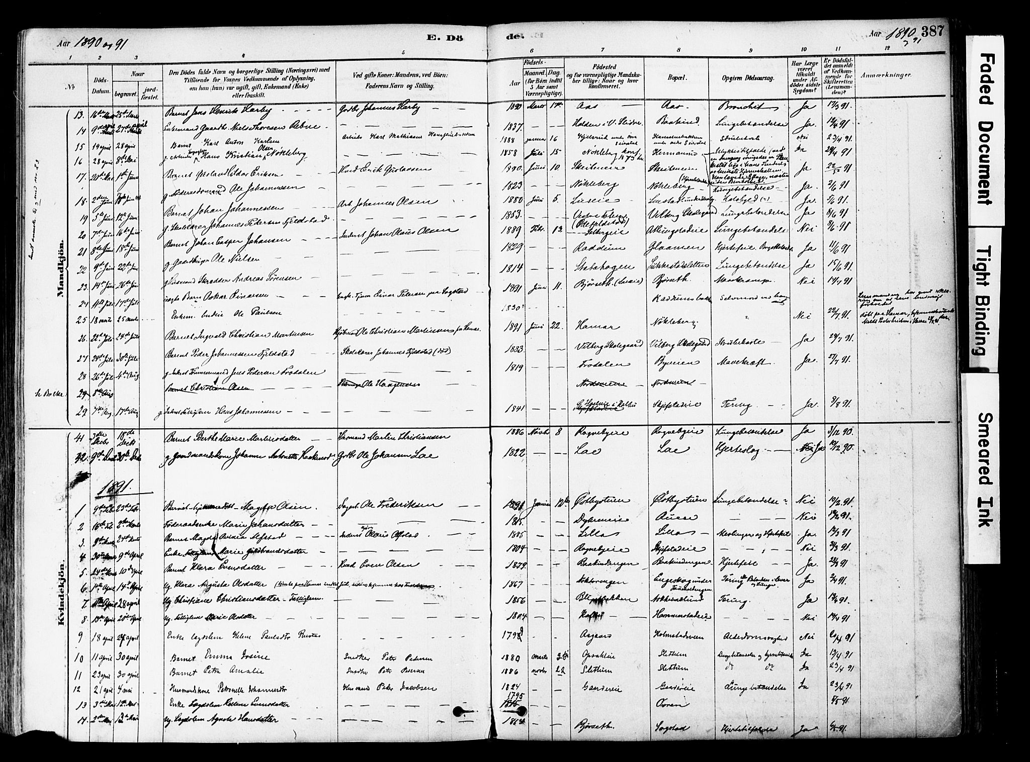 Østre Toten prestekontor, SAH/PREST-104/H/Ha/Haa/L0006: Parish register (official) no. 6 /1, 1878-1896, p. 387