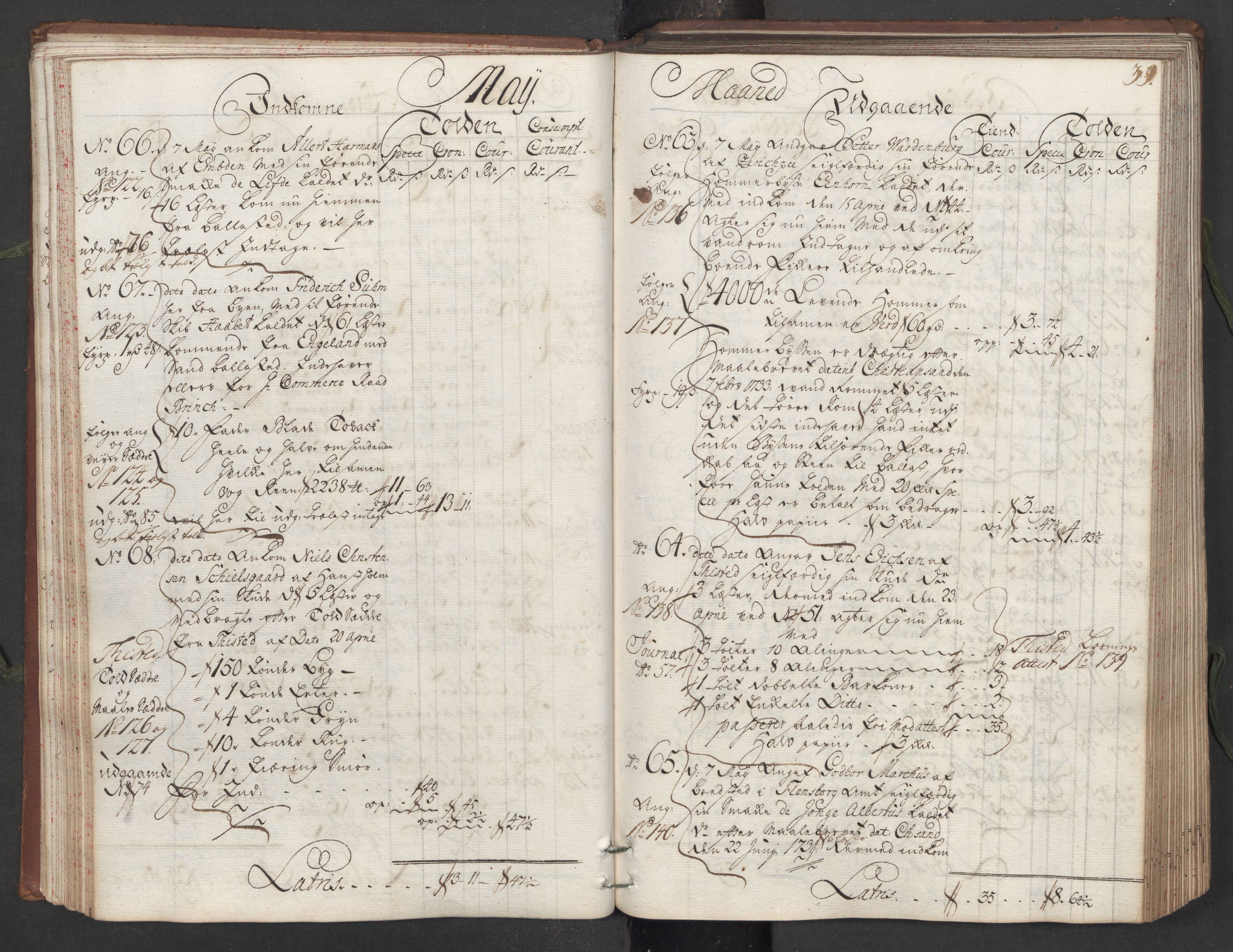 Generaltollkammeret, tollregnskaper, AV/RA-EA-5490/R16/L0013/0001: Tollregnskaper Kristiansand / Hovedtollbok, 1733, p. 38b-39a