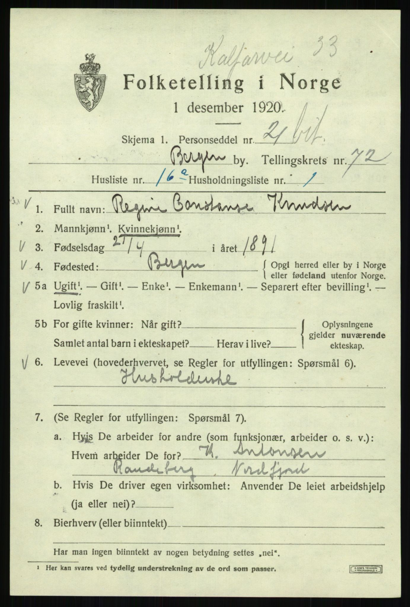 SAB, 1920 census for Bergen, 1920, p. 142376