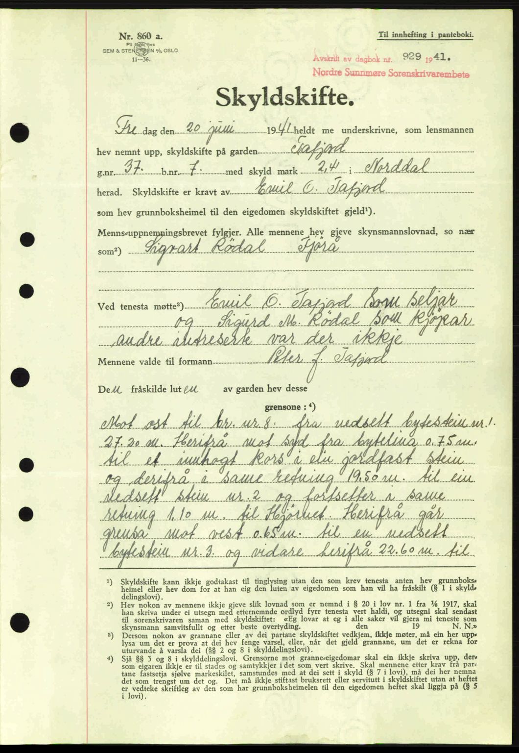 Nordre Sunnmøre sorenskriveri, AV/SAT-A-0006/1/2/2C/2Ca: Mortgage book no. A11, 1941-1941, Diary no: : 929/1941