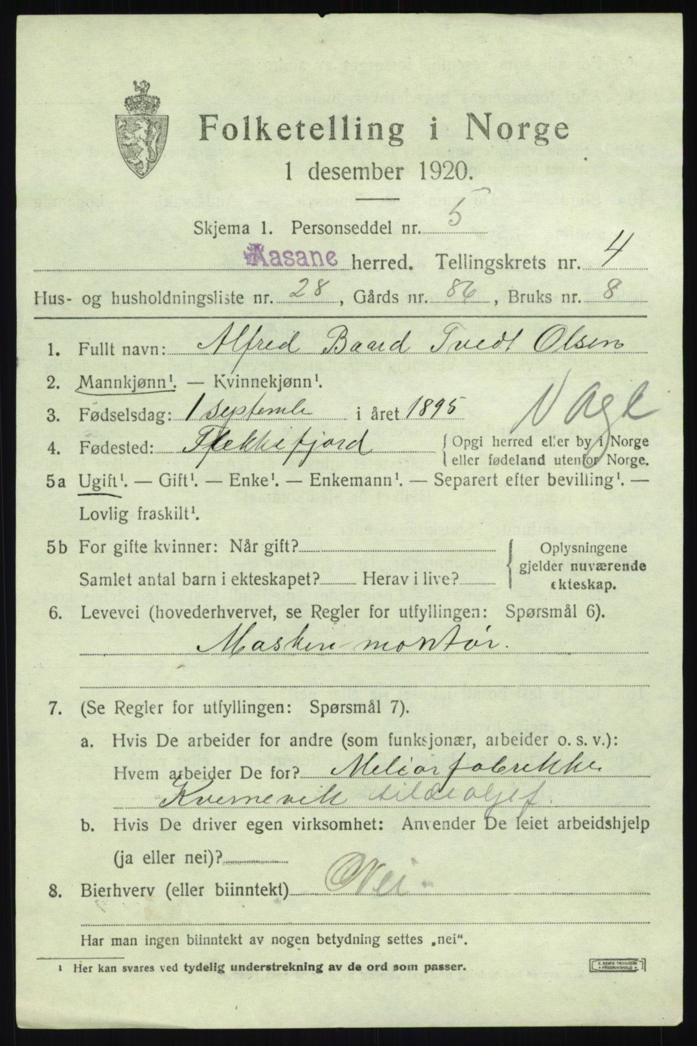 SAB, 1920 census for Åsane, 1920, p. 2841