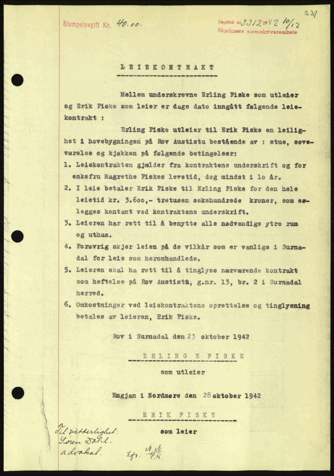 Nordmøre sorenskriveri, AV/SAT-A-4132/1/2/2Ca: Mortgage book no. B90, 1942-1943, Diary no: : 3312/1942