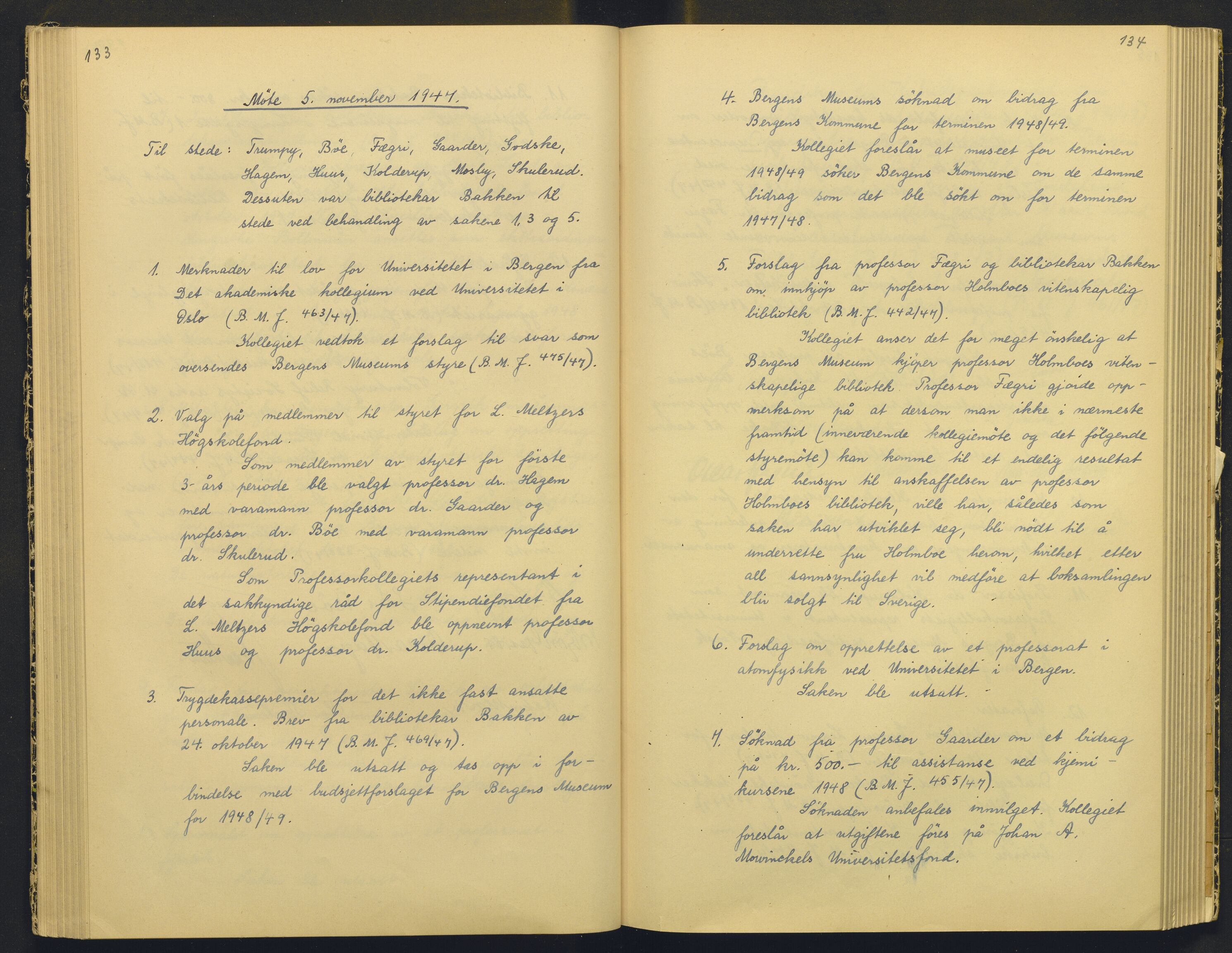 Bergens Museum, AV/SAB-A-17301/18/A/L0004: Professorkollegiets møtebok med register , 1945-1949, p. 133-134