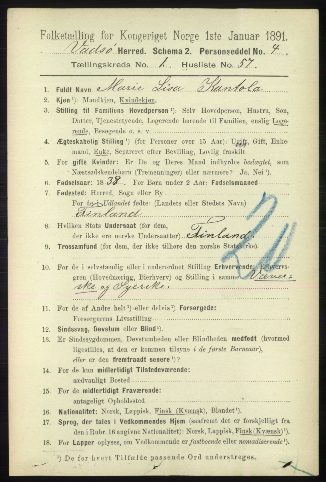 RA, 1891 census for 2029 Vadsø, 1891, p. 398