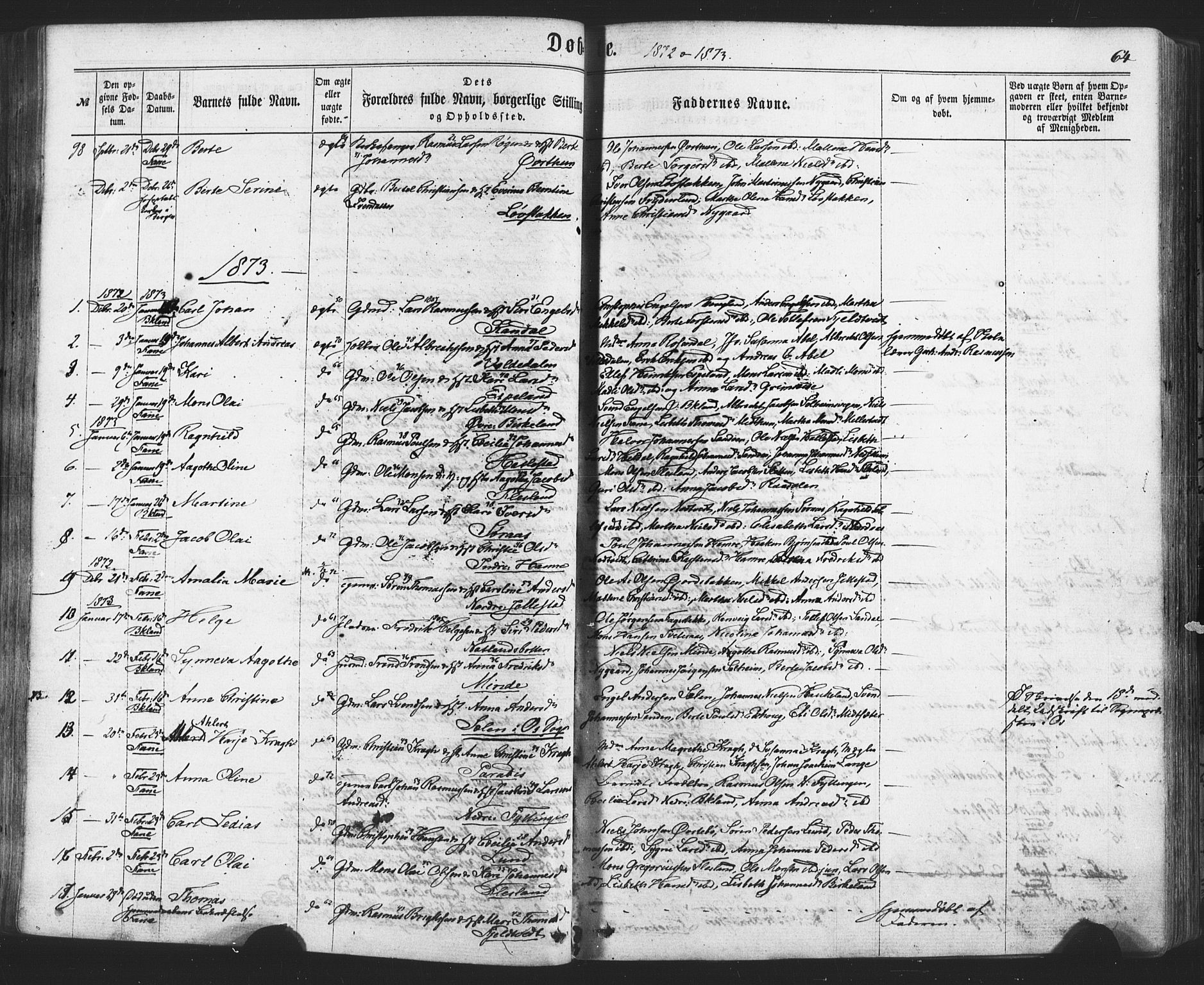 Fana Sokneprestembete, SAB/A-75101/H/Haa/Haaa/L0012: Parish register (official) no. A 12, 1862-1878, p. 64