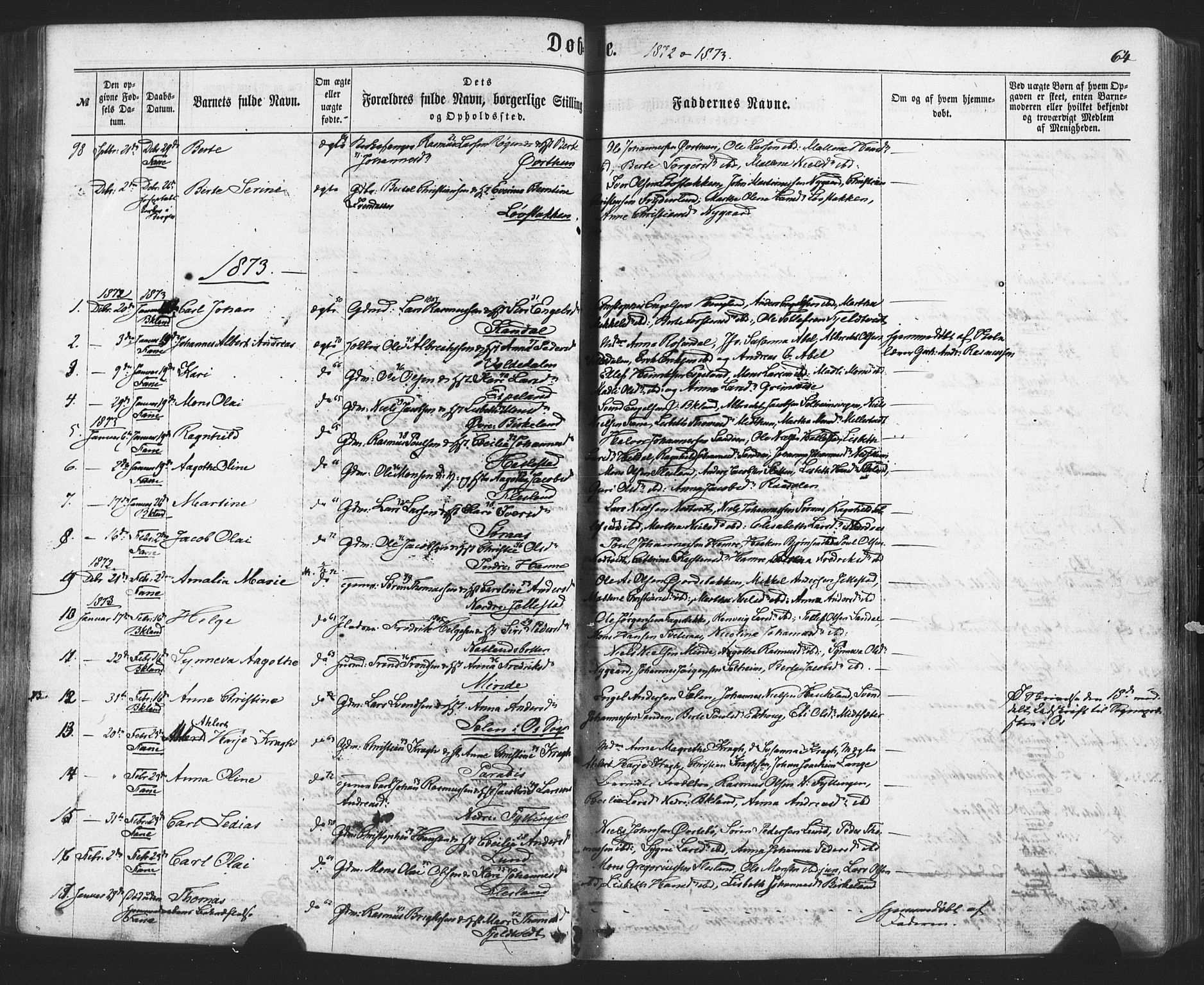 Fana Sokneprestembete, AV/SAB-A-75101/H/Haa/Haaa/L0012: Parish register (official) no. A 12, 1862-1878, p. 64