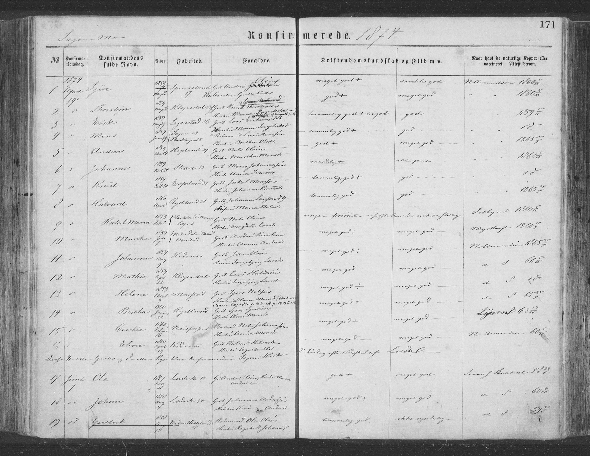 Hosanger sokneprestembete, SAB/A-75801/H/Haa: Parish register (official) no. A 9, 1864-1876, p. 171