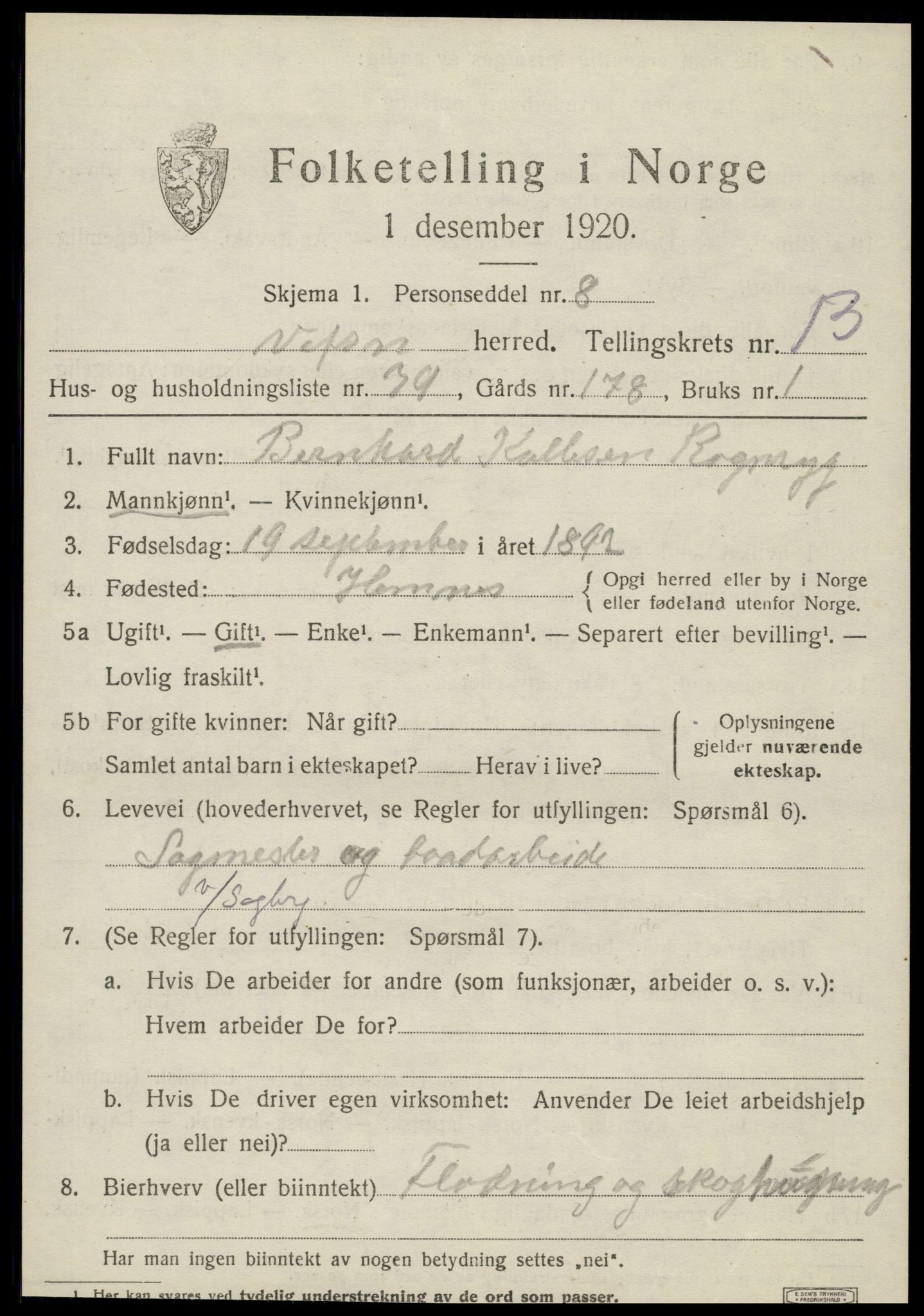 SAT, 1920 census for Vefsn, 1920, p. 10627