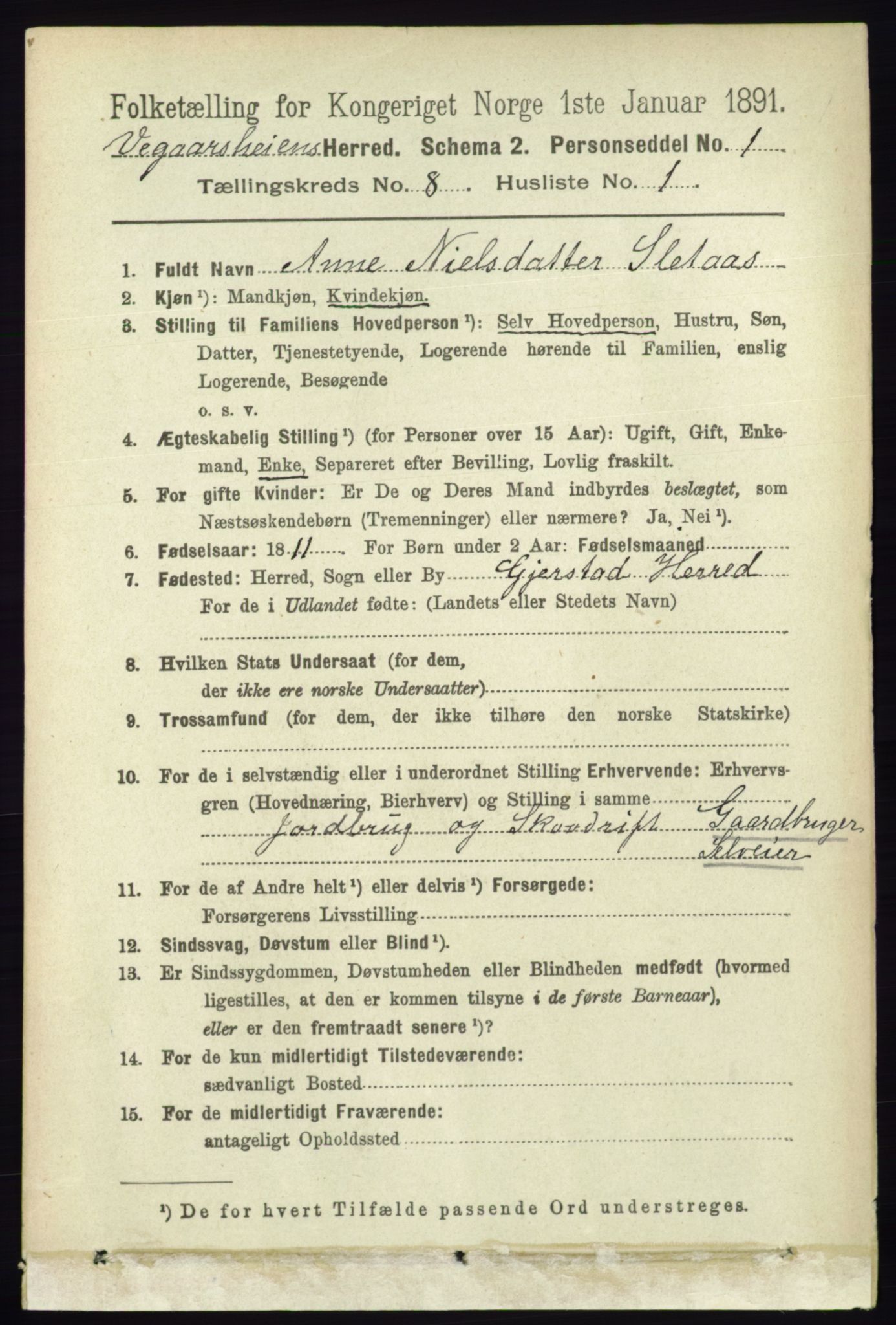 RA, 1891 census for 0912 Vegårshei, 1891, p. 1527