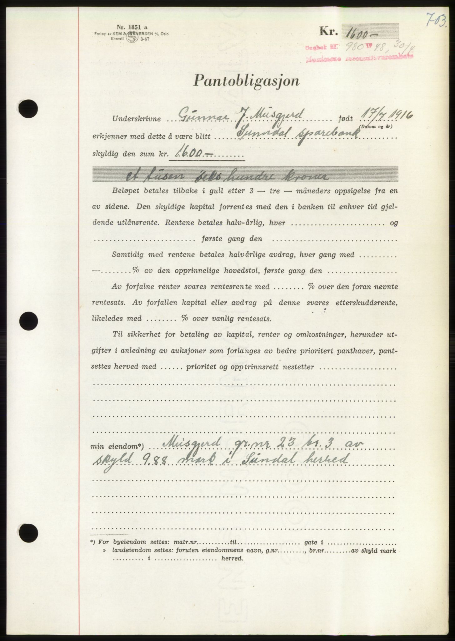 Nordmøre sorenskriveri, AV/SAT-A-4132/1/2/2Ca: Mortgage book no. B98, 1948-1948, Diary no: : 980/1948