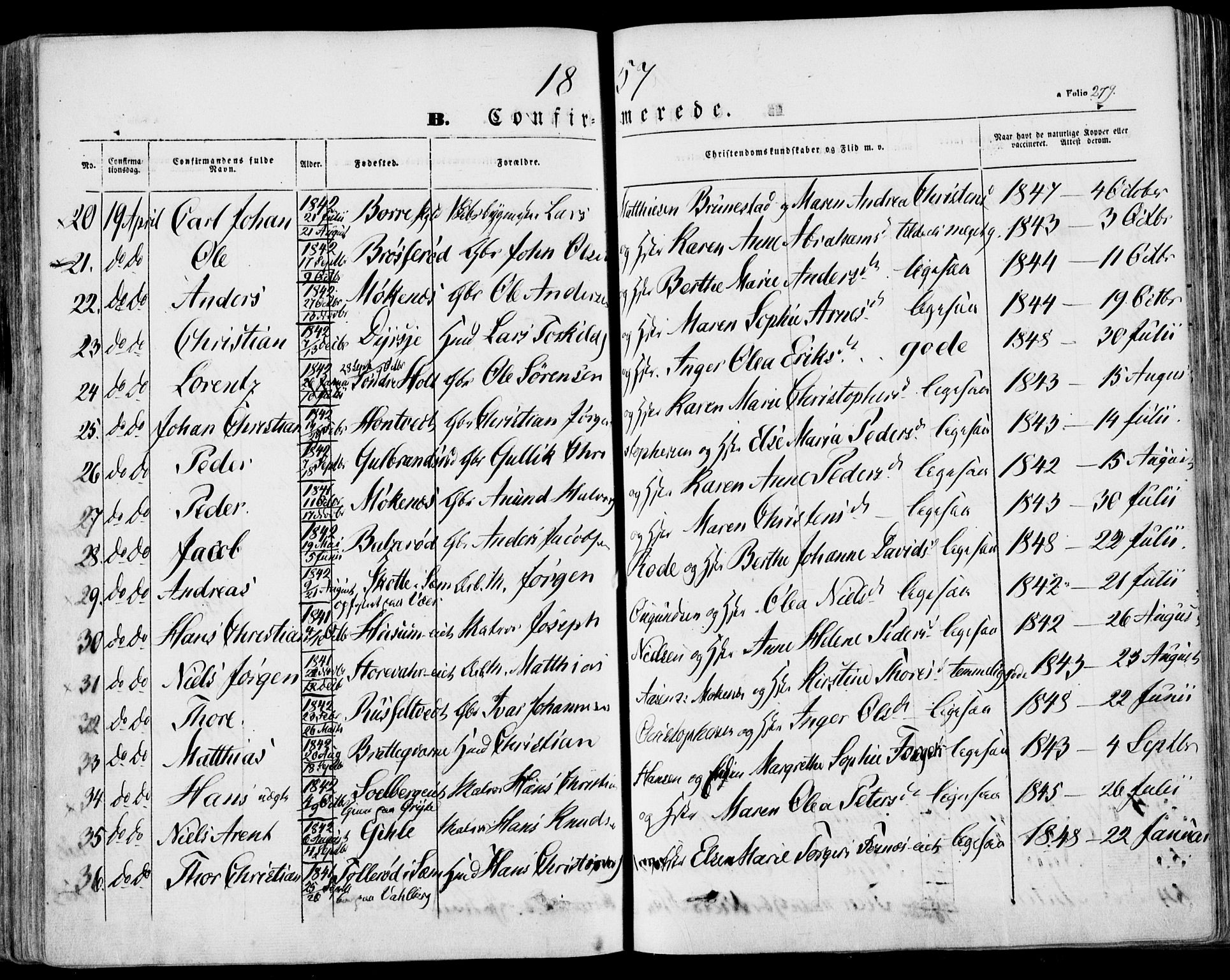 Stokke kirkebøker, AV/SAKO-A-320/F/Fa/L0007: Parish register (official) no. I 7, 1844-1857, p. 279