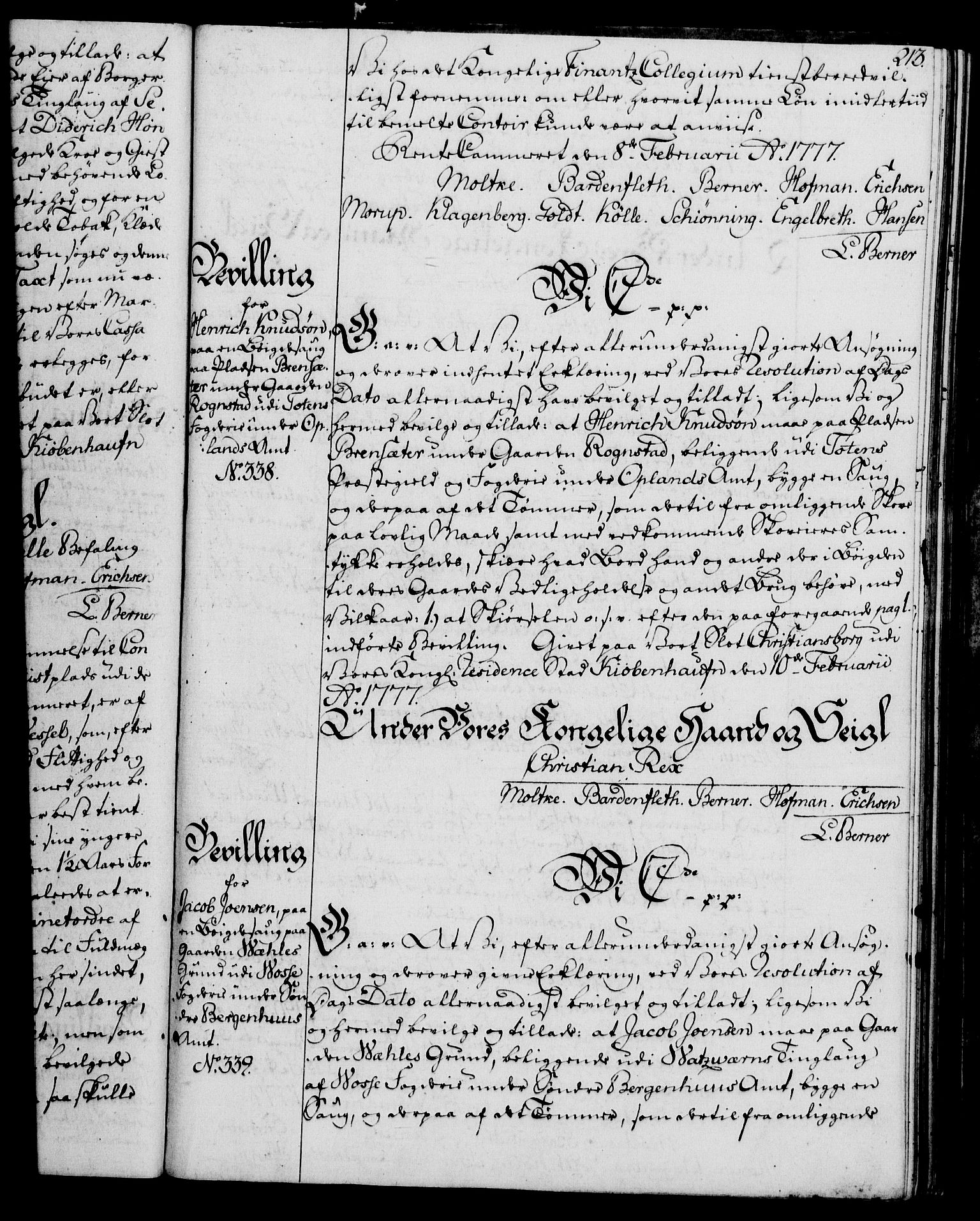 Rentekammeret, Kammerkanselliet, AV/RA-EA-3111/G/Gg/Gga/L0010: Norsk ekspedisjonsprotokoll med register (merket RK 53.10), 1773-1778, p. 213