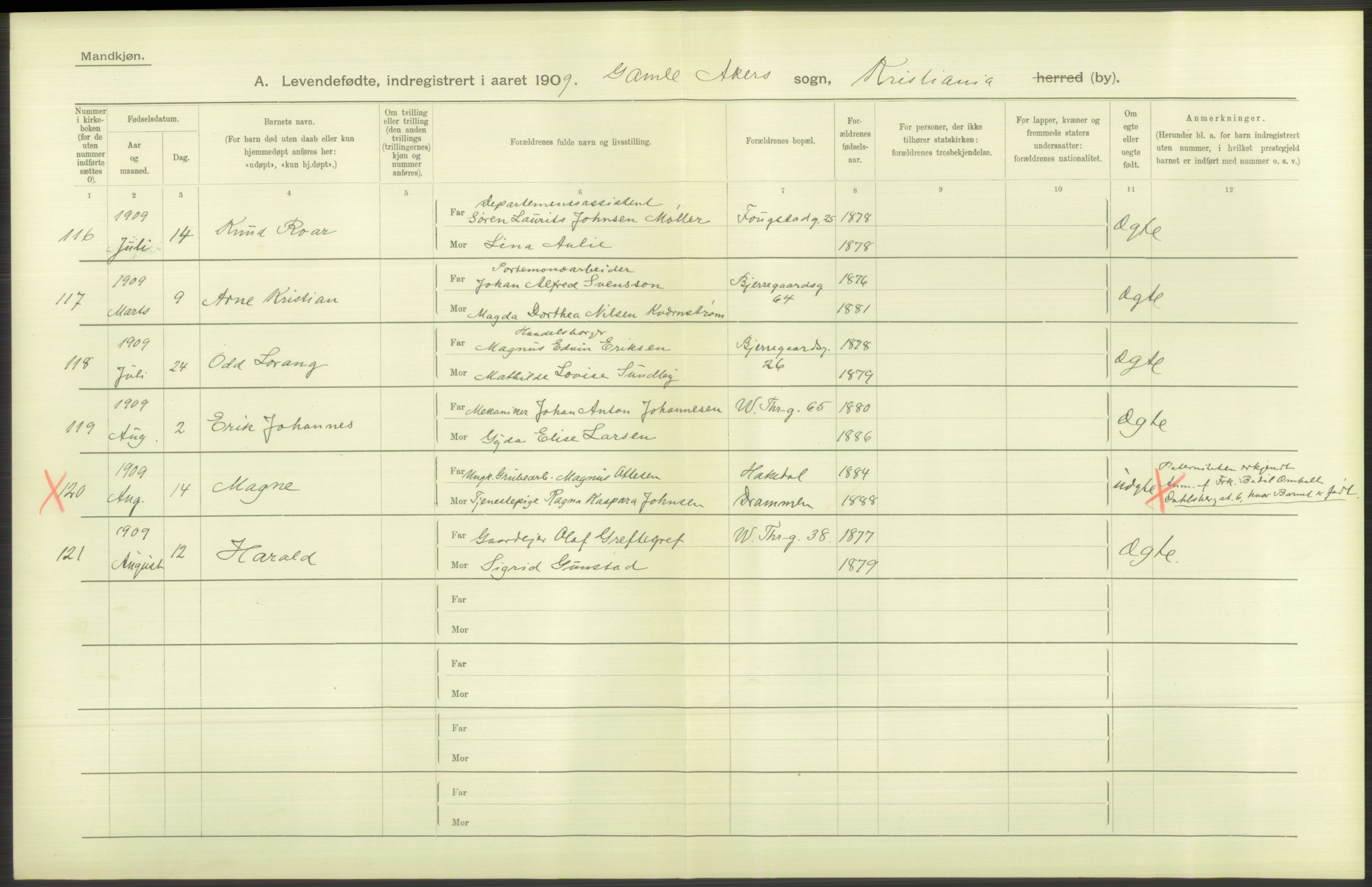 Statistisk sentralbyrå, Sosiodemografiske emner, Befolkning, RA/S-2228/D/Df/Dfa/Dfag/L0007: Kristiania: Levendefødte menn og kvinner., 1909, p. 368