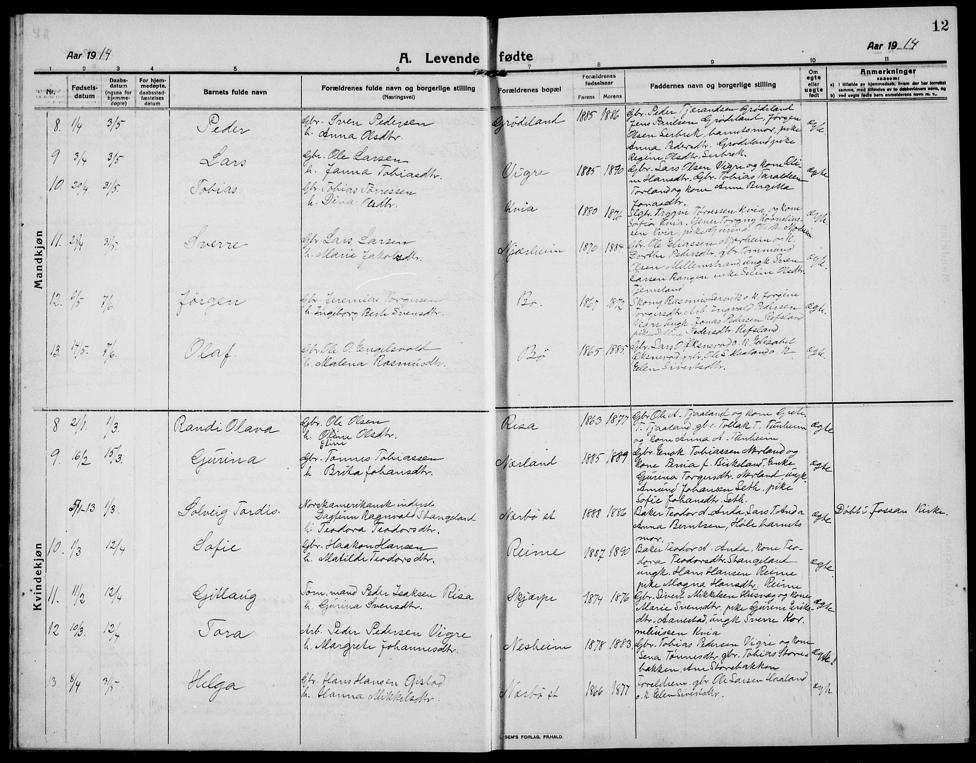 Hå sokneprestkontor, AV/SAST-A-101801/001/30BB/L0007: Parish register (copy) no. B 7, 1912-1939, p. 12