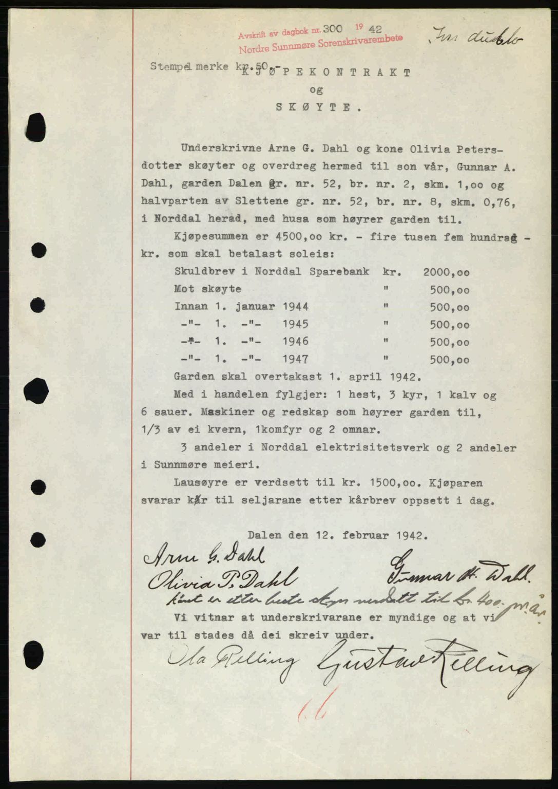 Nordre Sunnmøre sorenskriveri, AV/SAT-A-0006/1/2/2C/2Ca: Mortgage book no. A13, 1942-1942, Diary no: : 300/1942