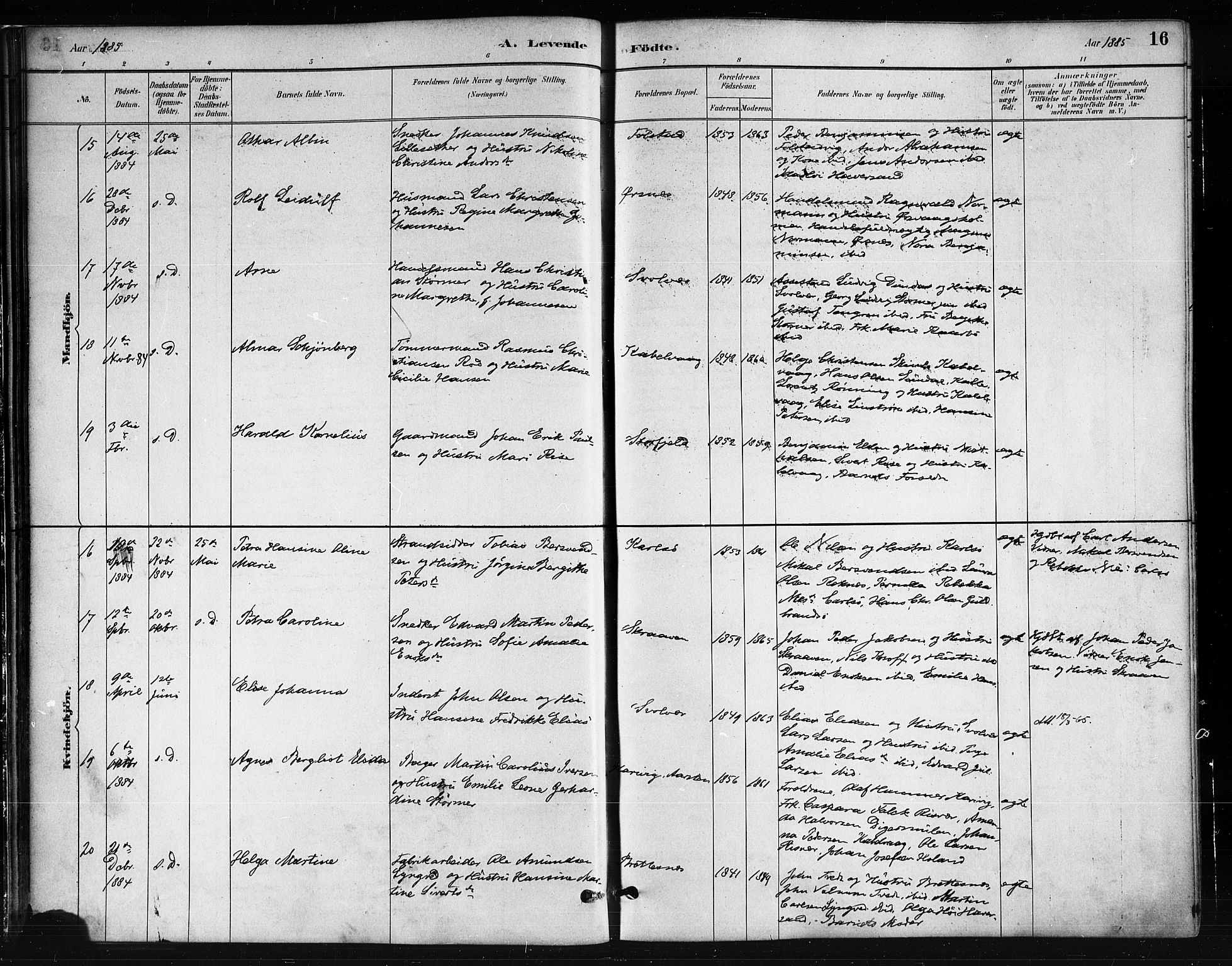 Ministerialprotokoller, klokkerbøker og fødselsregistre - Nordland, AV/SAT-A-1459/874/L1059: Parish register (official) no. 874A03, 1884-1890, p. 16