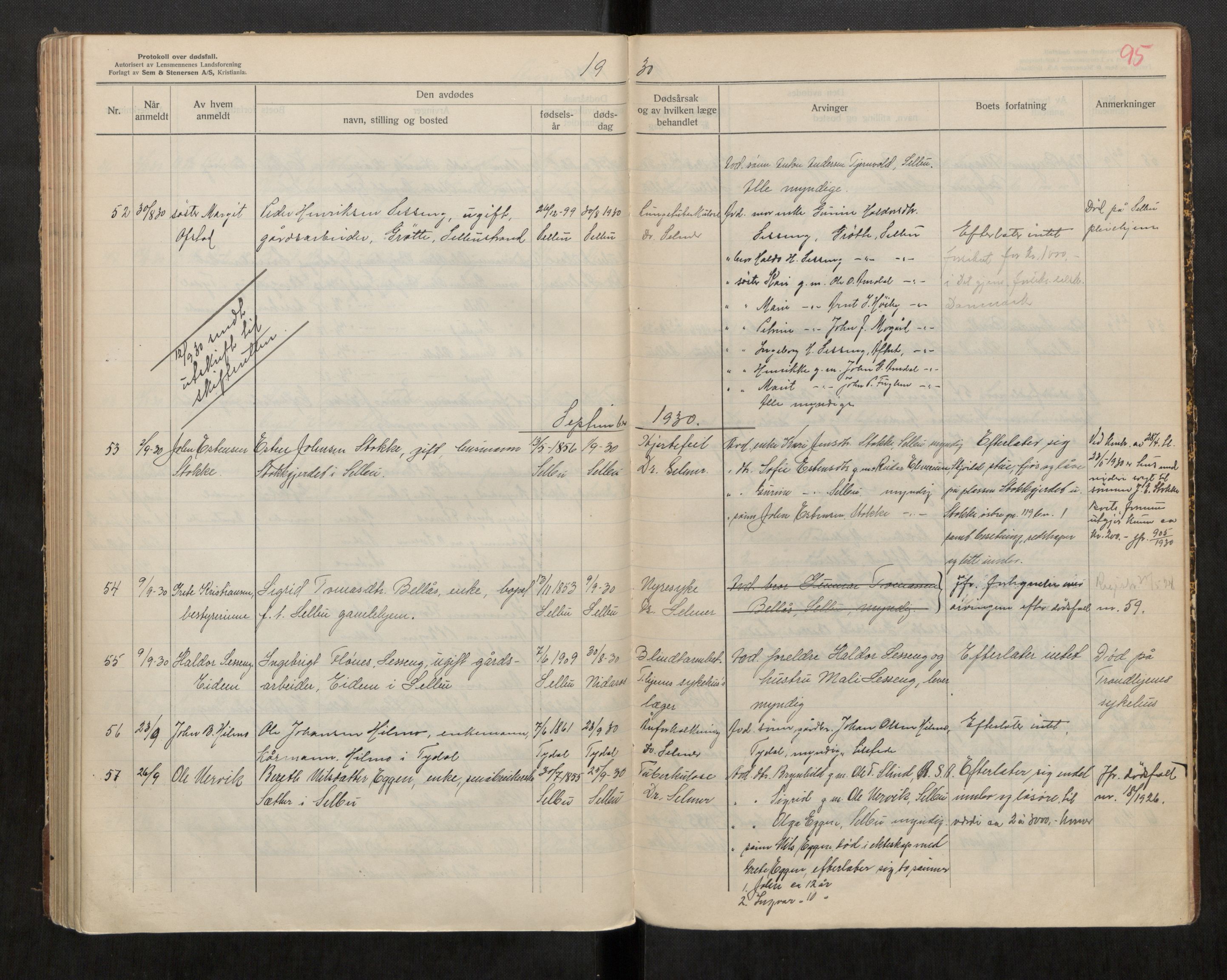 Selbu lensmannskontor, AV/SAT-A-1081/2/G/Ga/L0002: Dødsfallsprotokoll, 1923-1930, p. 95