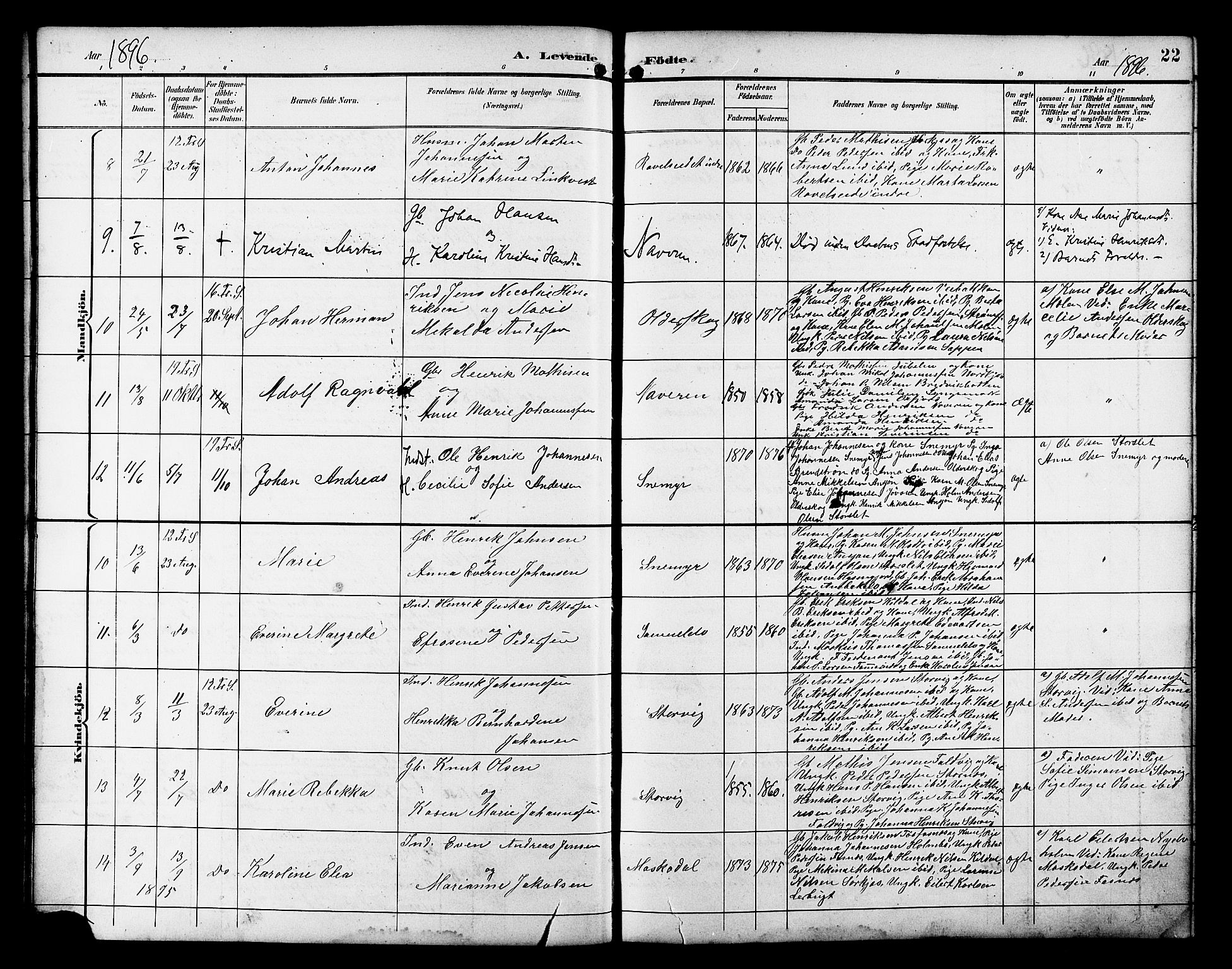 Skjervøy sokneprestkontor, AV/SATØ-S-1300/H/Ha/Hab/L0021klokker: Parish register (copy) no. 21, 1893-1910, p. 22